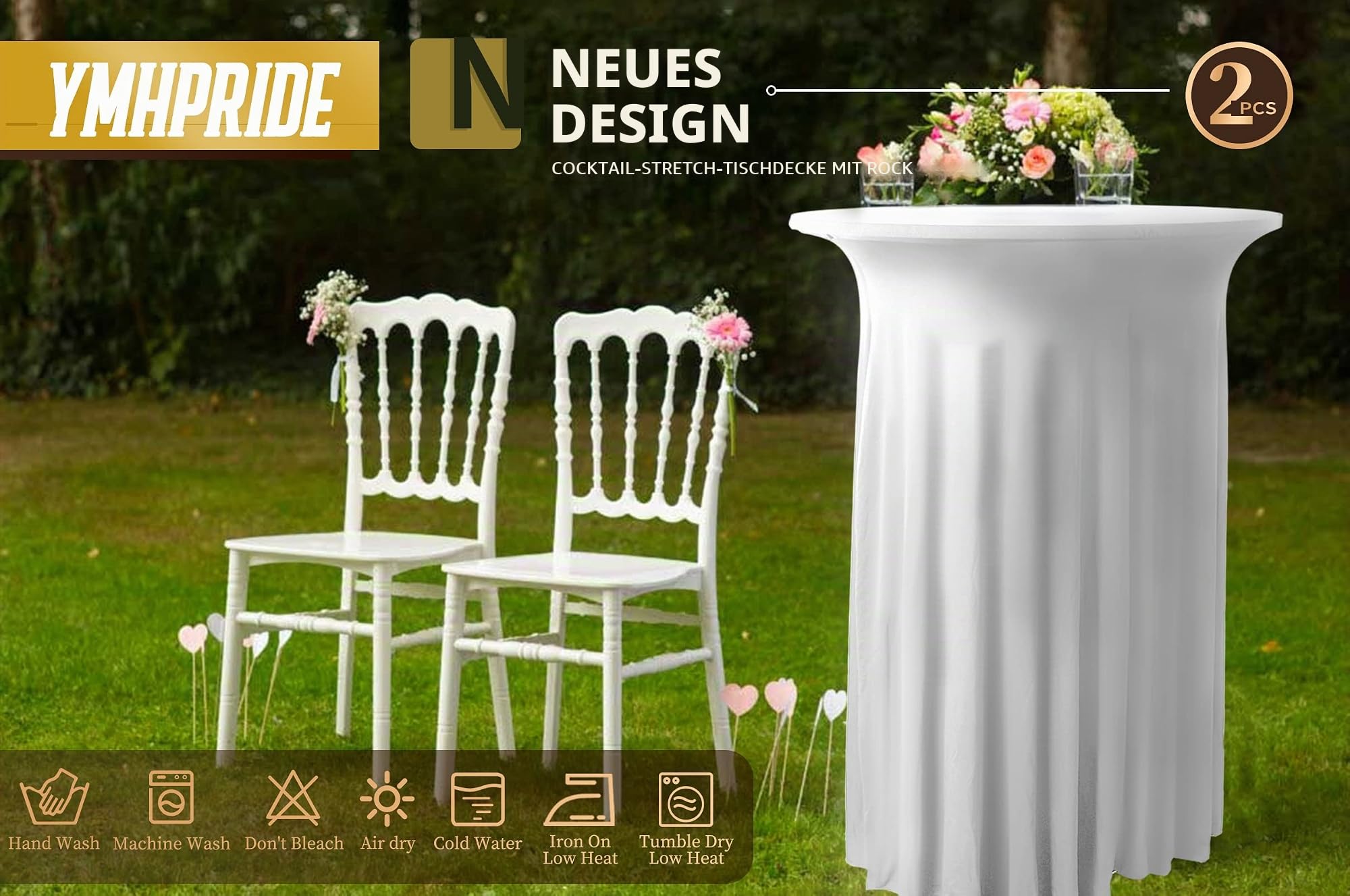 YMHPRIDE 2er-Set Weiße Stehtisch Hussen Stretch Stehtisch Tischdecke mit Rock, 80×110cm Runder Cocktail-Tischrock, Bistrotisch-Bartisch-Abdeckung für Party, Hochzeit, Banketttisch