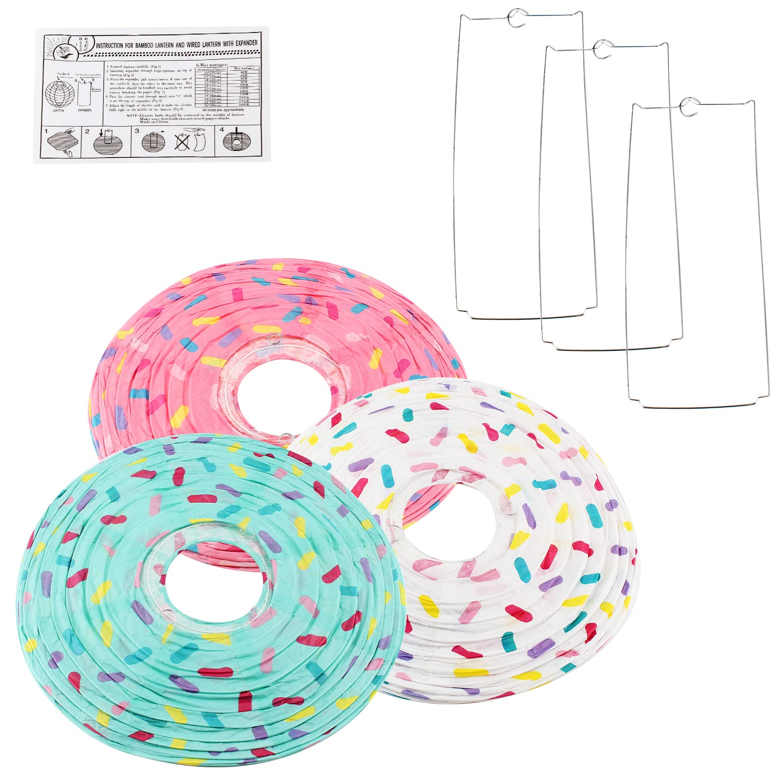 Zorveiio 12 Inch 3 Pcs Decor Donut Paper Lanterns for Party, Hanging Round Sweet Candy Sprinkle Decorations for Birthday, Wedding