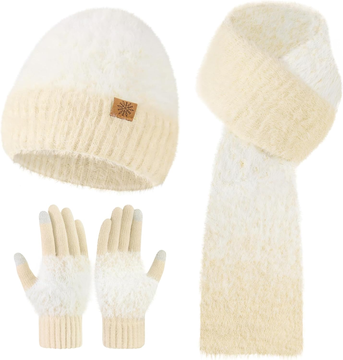 Winter Beanie Hat Scarf Gloves Set for Women, Warm Soft Knit Skull Cap Long Scarf Touchscreen Gloves 3 in 1 Set for Women/Men