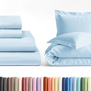 4 Piece Light Blue Queen Bed Sheet Set with Duvet Cover - 21” Extra Deep Pockets - 1 Flat & 1 Fitted Sheet and 4 Pillowcases - Oeko-TEX - Ultra Soft & Wrinkle Free - Hotel Luxury Bedding - E