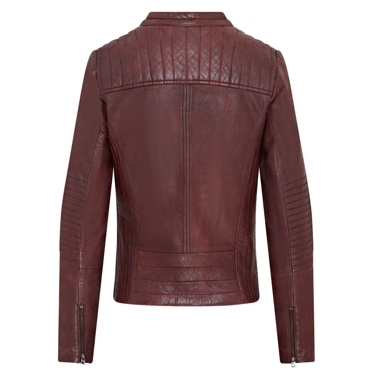 Burgunderrote Klassische Gesteppte Motorradfahrer Lederjacke Für Damen