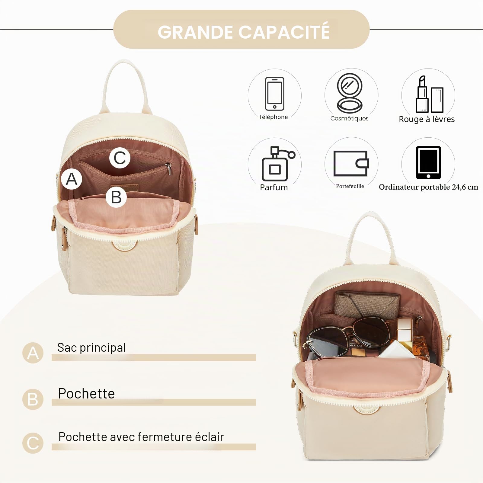Miss Lulu Sac à Dos Polyester Décontracté pour Femme, Design Élégant avec Poche Secrète Antivol, Léger & Résistant, Backpack Casual pour Voyage Travail Université Loisirs Shopping