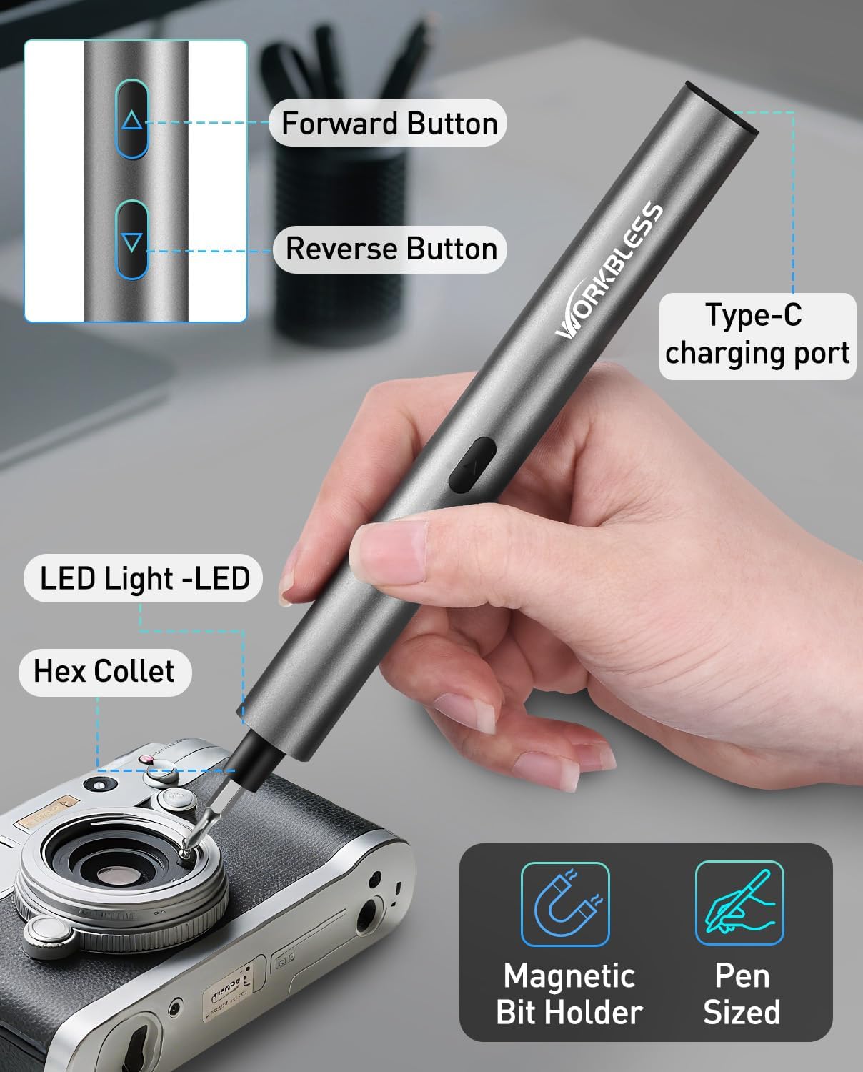 WorkBless Mini Electric Screwdriver, 3.7V Precision Screwdriver Set, 24-in-1 Magnetic Bits, USB-C Rechargeable, Repair Tool Set for Electronics and DIY Projects