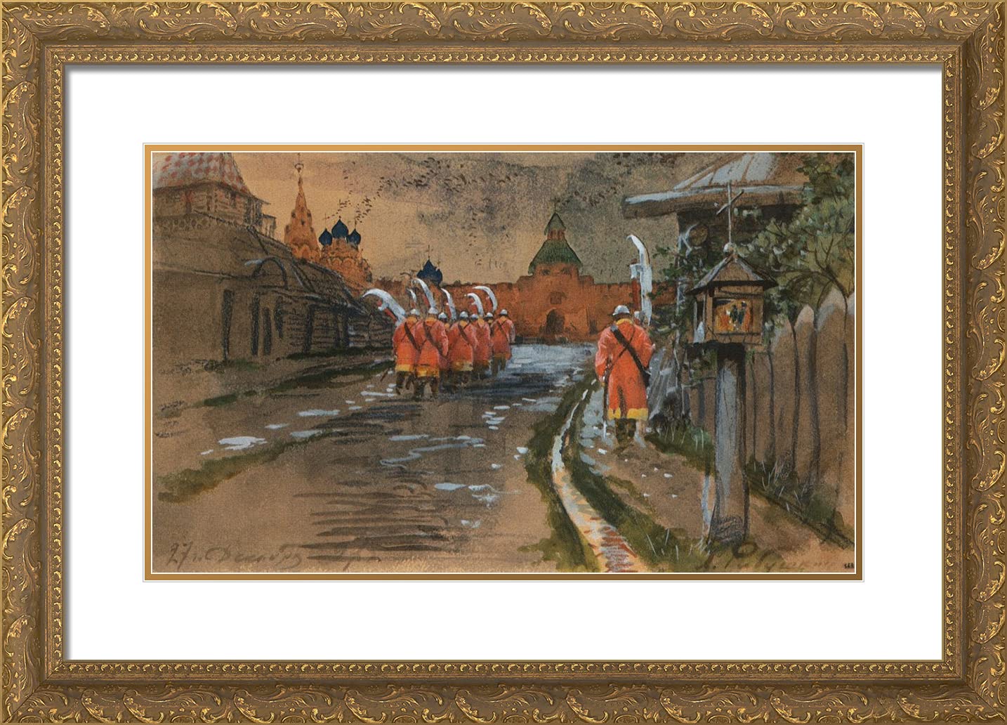 ArtDirect Ryabushkin, Andrei 24x18 Gold Ornate Framed Art Print with Double Matting Titled: Strelets Patrol at Ilyinskie Gates in the Old Moscow