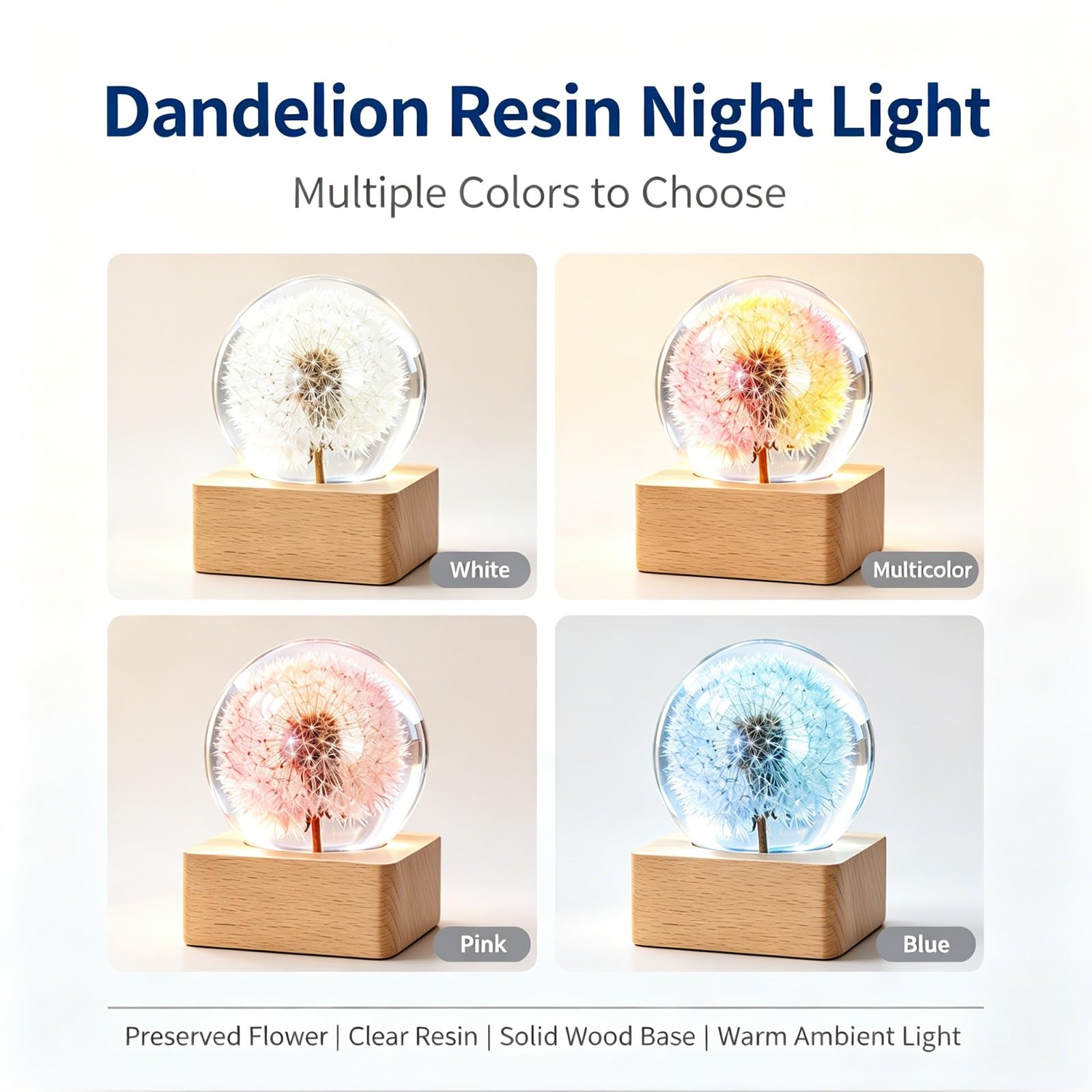 Lampada Resina Epossidica Tarassaco, Sfera Cristallo LED Luce Notturna