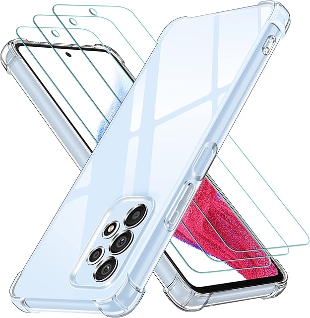 ivoler Case for Samsung Galaxy A53 5G with 3 Pieces Tempered Glass, Transparent Anti-Shock Protective Shell, Soft TPU Silicone Case Slim Anti-scratch Case