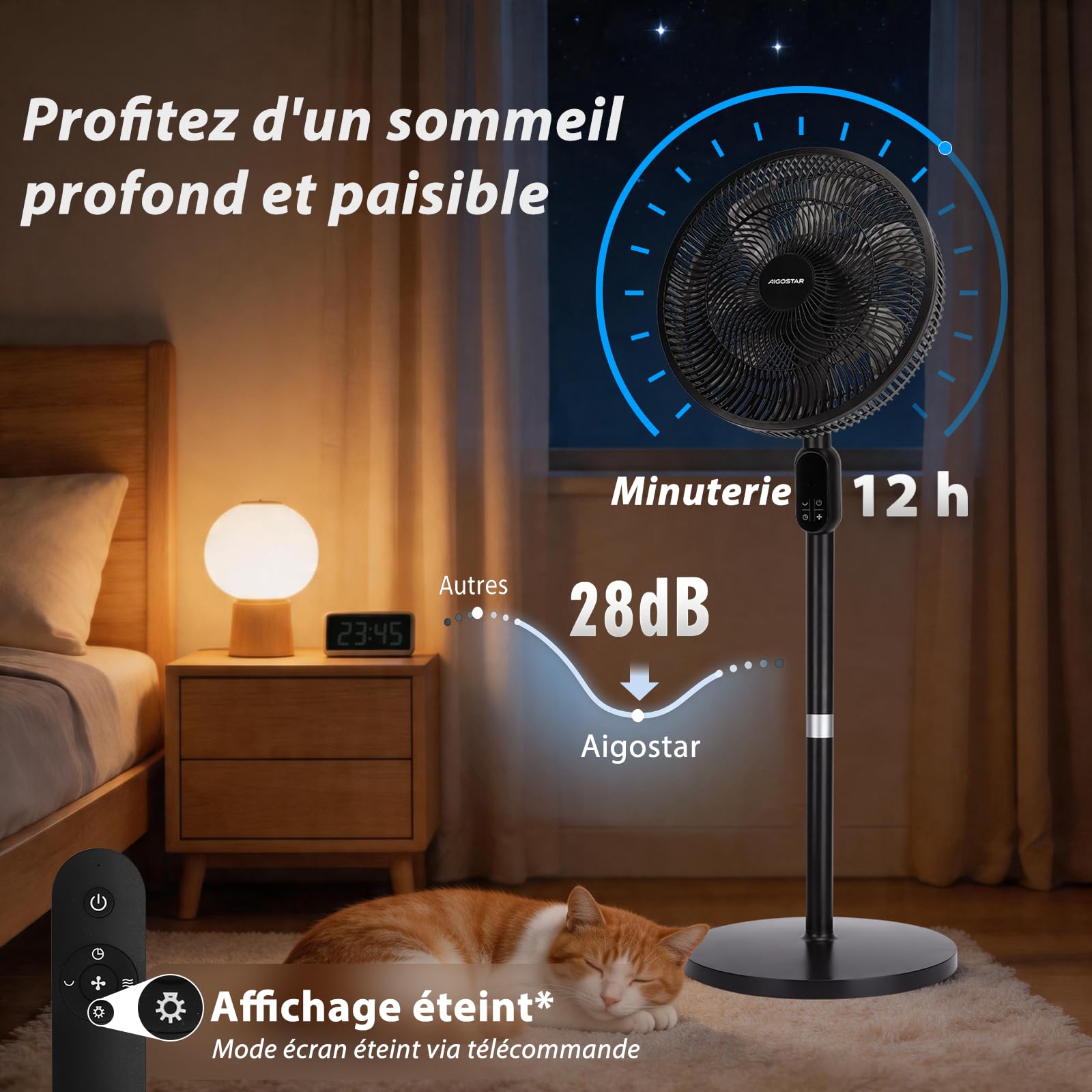 Aigostar Ventilateur sur Pied Silencieux 28dB avec Télécommande, 7 Pales Ventilateur Puissant, Oscillation 120°, Hauteur Réglable 91-125cm, Minuterie 12H, 3 Vitesses/Modes, pour Chambre Salon