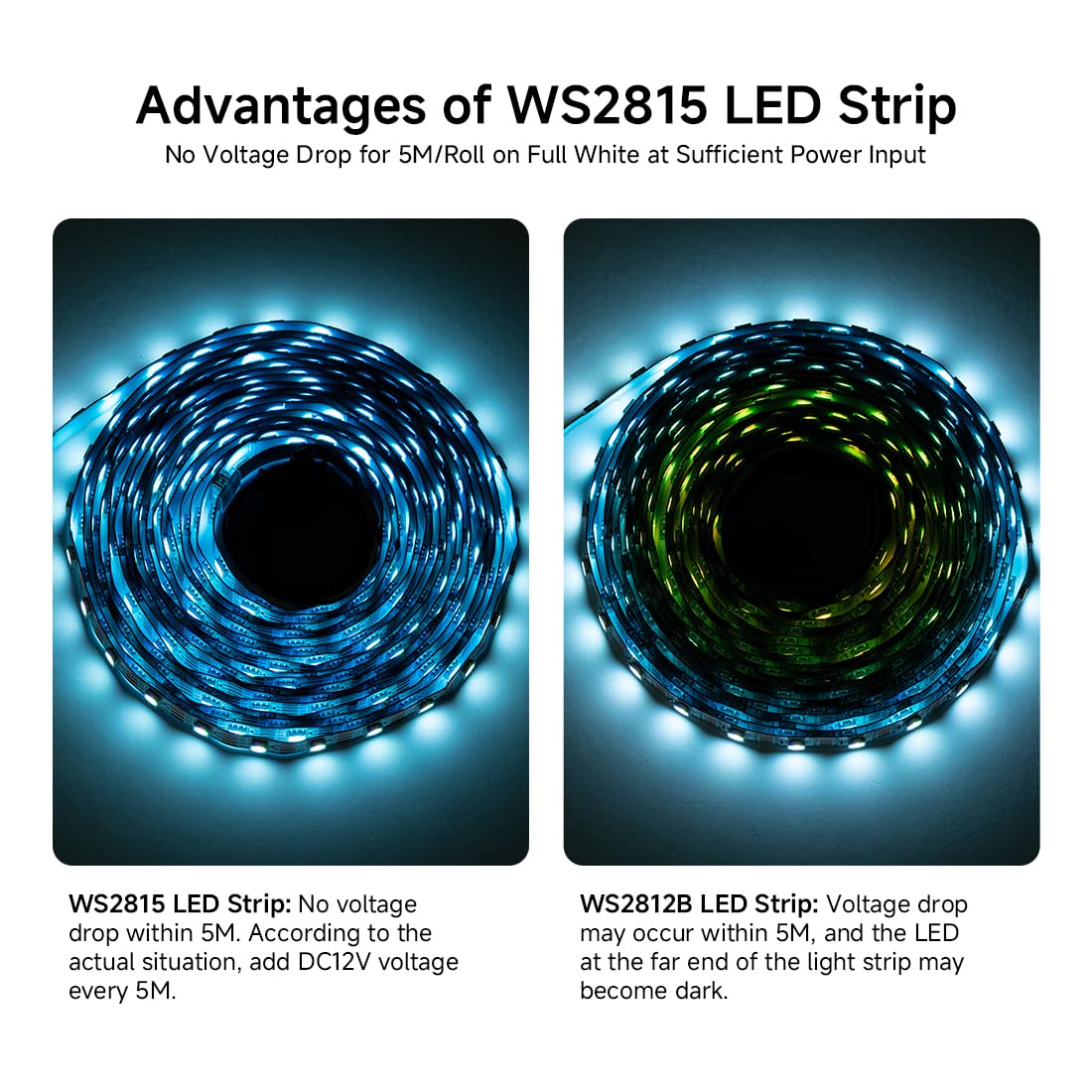 SEZO WS2815 Striscia LED RGB IC(WS2812B Migliorato) DC12V 5M 60LEDs/m Dimmerabile Colore Sogno Indirizzabile Individualmente Striscia LED 5050SMD Dual Segnale Striscia LED IP65 Impermeabile per fai da