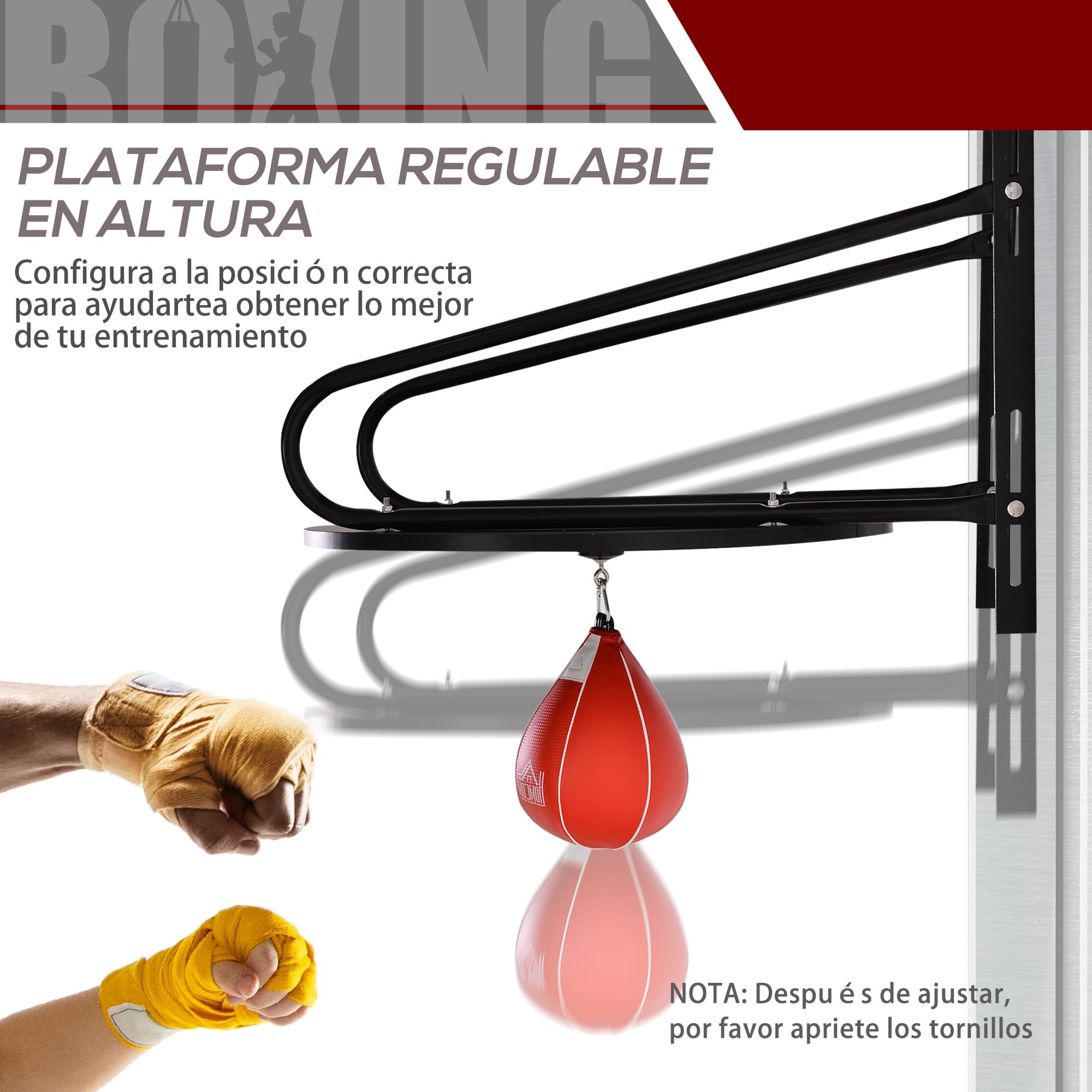 HOMCOM Pera de Boxeo con Soporte de Pared Punching Ball para Boxeo con Plataforma Ajustable en Altura Soporte Giratorio e Inflador 60x73x80 cm Rojo y Negro