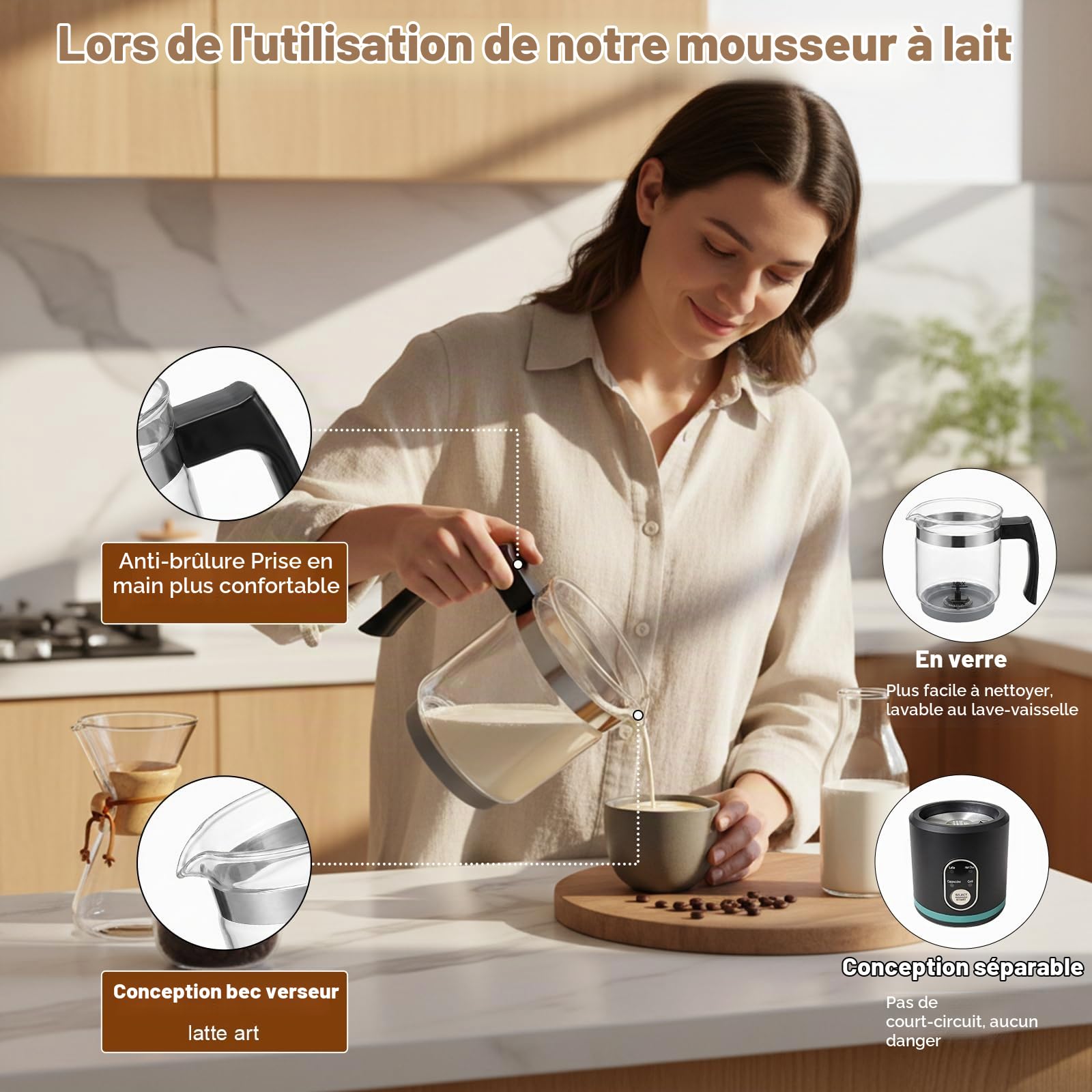 Mousseur à Lait Électrique 4 en 1 Chauffe Lait Chaud et Froid Emulsionneur de Lait Divisé en Verre Silencieux Mousseur de Lait Automatique pour Latte Cappuccino, Chocolat Chaud, Lait Chaud