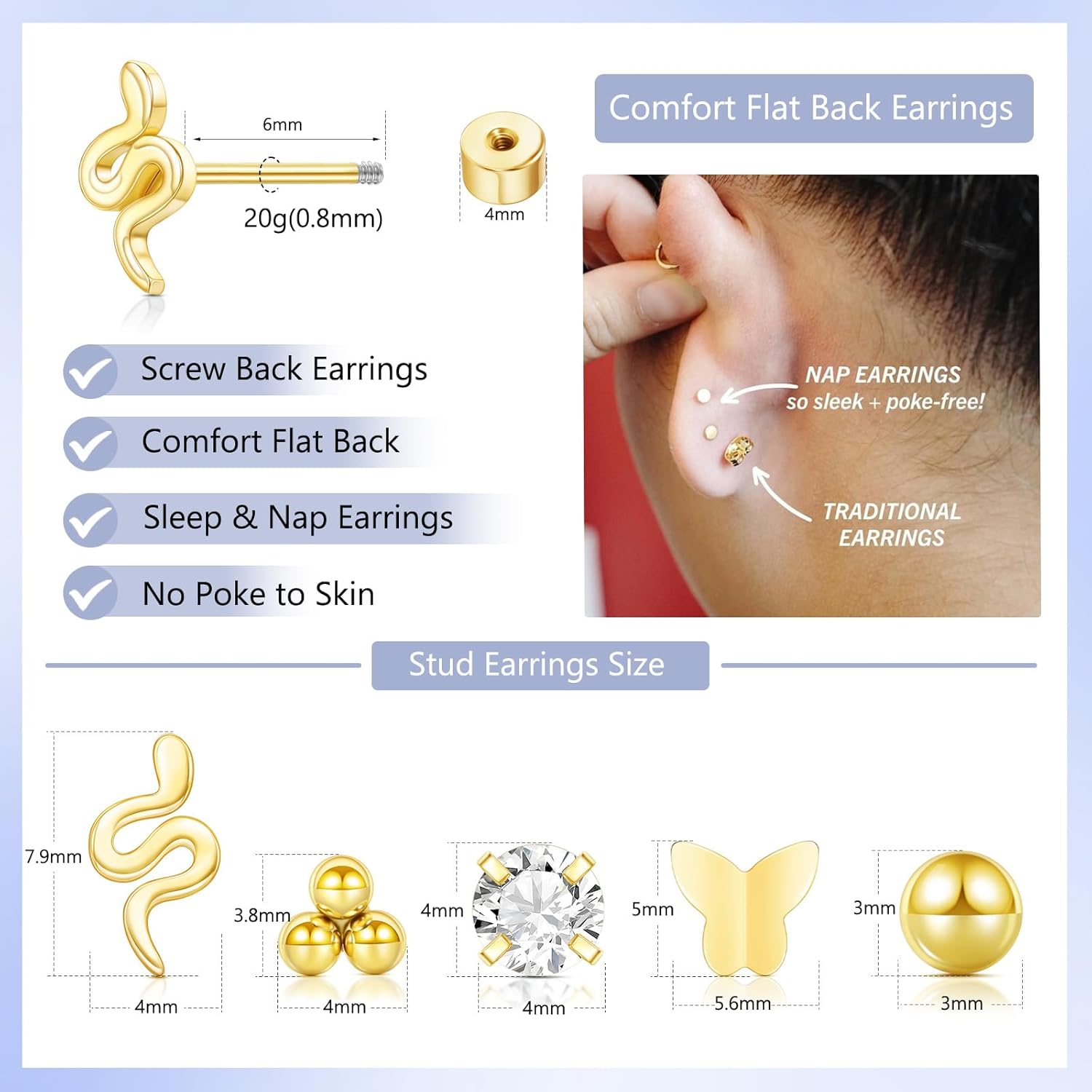 Screw Back Earrings for Women,14K Gold Flat Back Stud Earrings Hypoallergenic Surgical Steel Small CZ Stud Heart Bar Bow Cartilage Earring Set for Tragus Helix Multiple Piercing - Image 2