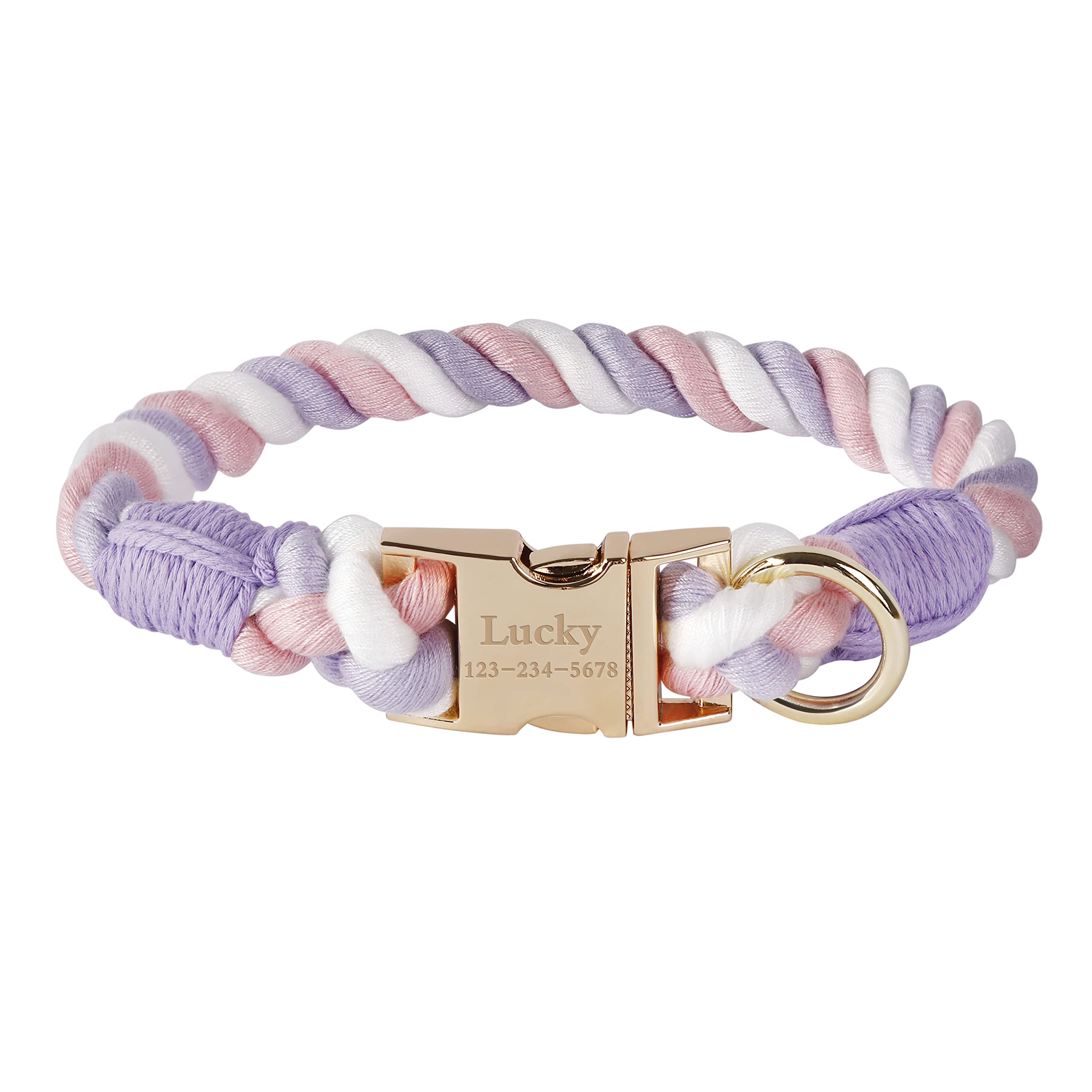AnNengJing Personalized Dog Collar Custom Engraved Pet Name Number Soft Braided Cotton Rope Collars and Leash for Smal Medium and Large Boy Girl Dogs