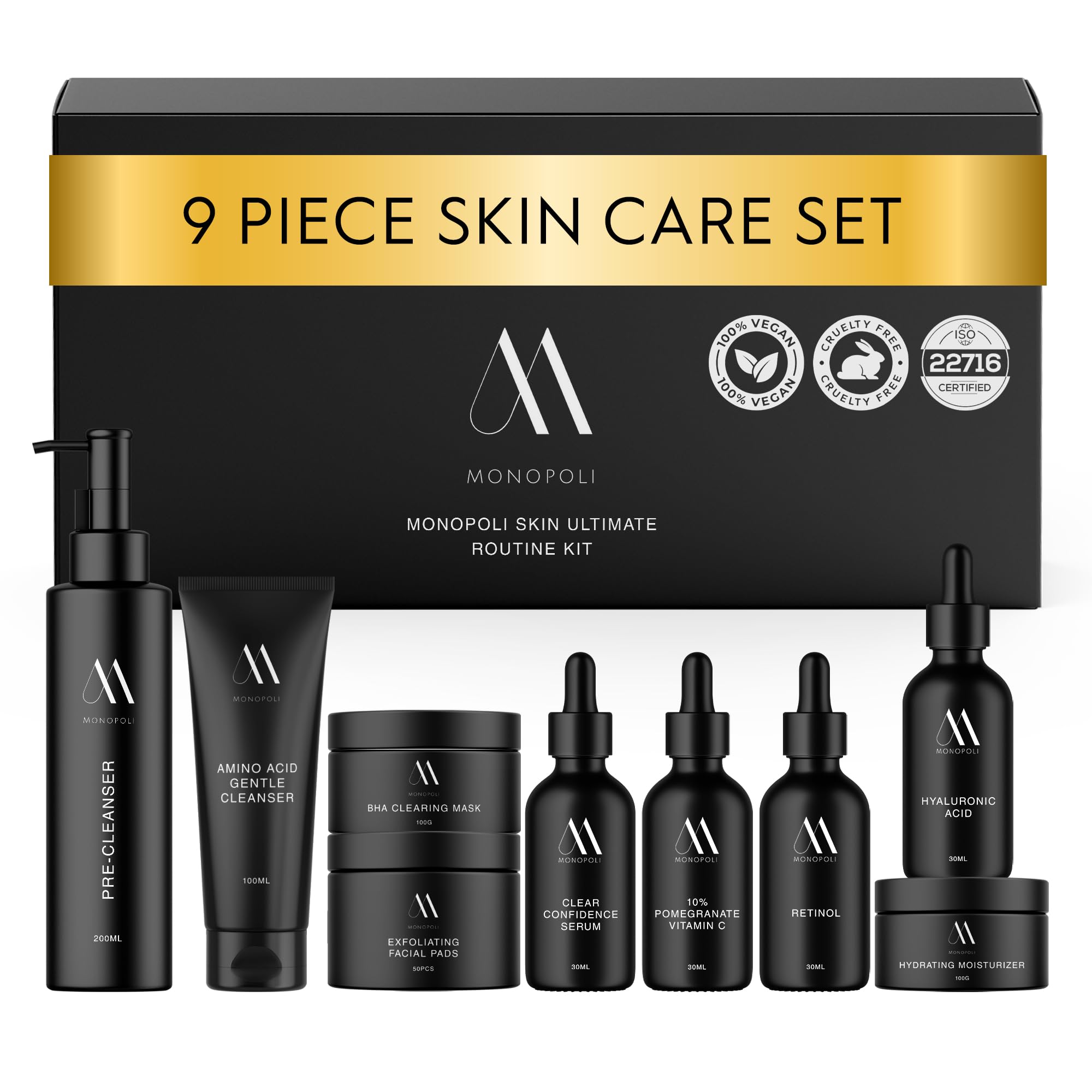 Monopoli Skin Care Set | Complete Routine: 9-Piece Face Care Set for Women & Teens for Anti-Aging, Hydration & Acne Control | Skincare Gift Set & Kits | Premium Skincare Set with Educational Resources