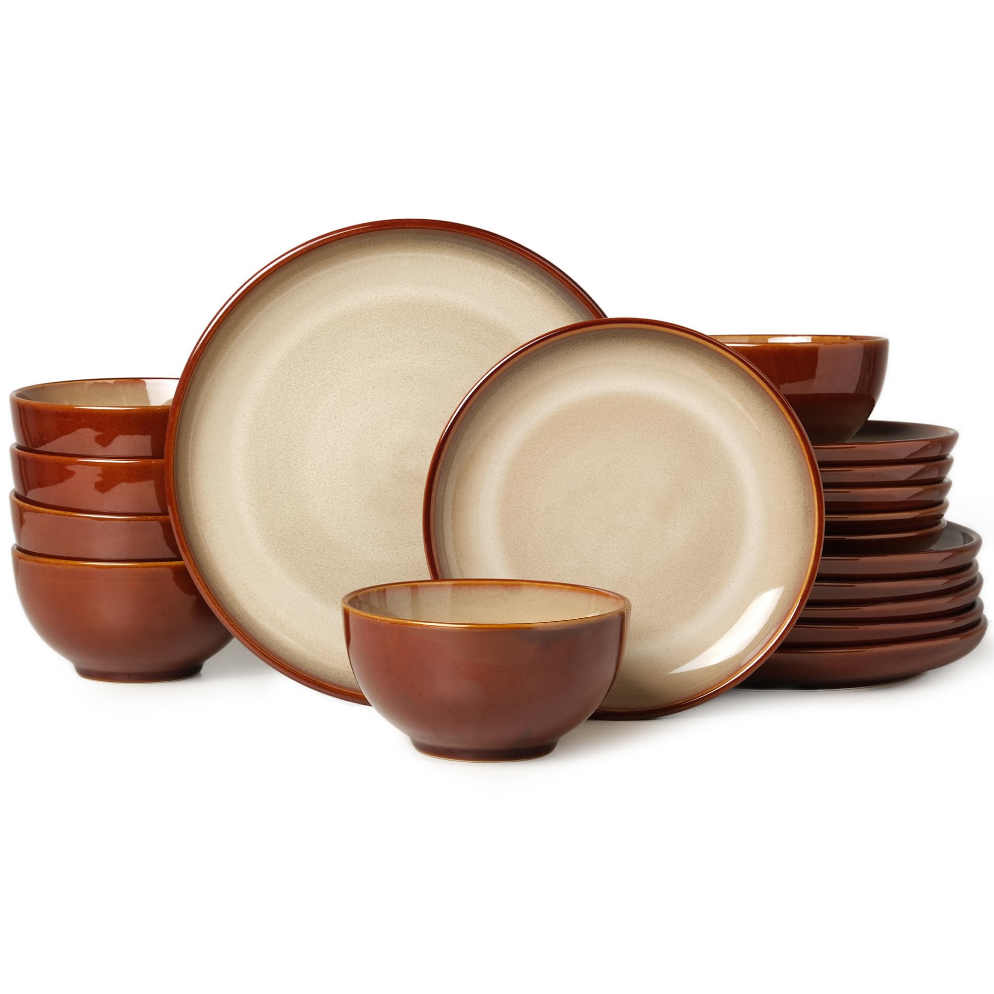 Pokini Stoneware Dinnerware Sets for 6, 18pcs Plates and Bowls Sets Dishes