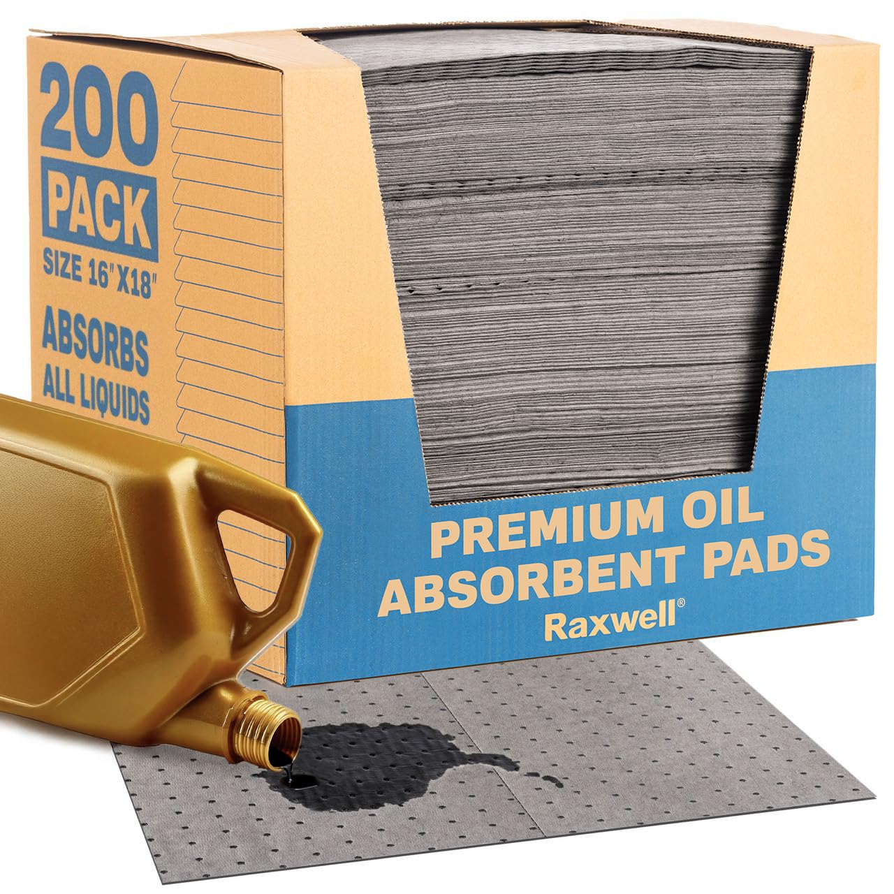 Raxwell Oil Absorbent Pads, Large 18"x16", 200 Count - Universal 8 Layer Spill Mats, Absorbent Mats for Oil, Water & Liquids - Garage Accessories