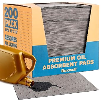 Raxwell Oil Absorbent Pads 200 Pack 16 x 18 Heavy-Duty Spill Pads, 8-Layer Polypropylene, Dimpled & Perforated Universal Absorbent Sheets - Garage Floor Mat for Oil, Coolant, Water & Chemicals