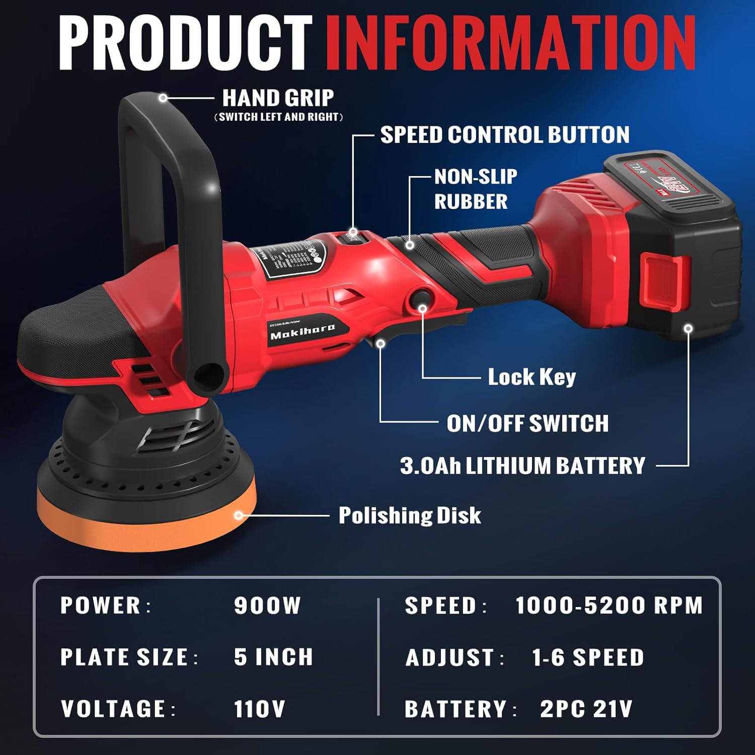 Cordless Buffer Polisher, 5 Inch Random Orbital Car Polisher, 6 Variable Speed 1000-5200 RPM, 21V 3.0Ah Batteries, 28Pcs Attachments, Polisher for Car Detailing, Boat Sanding, Scratch Removing