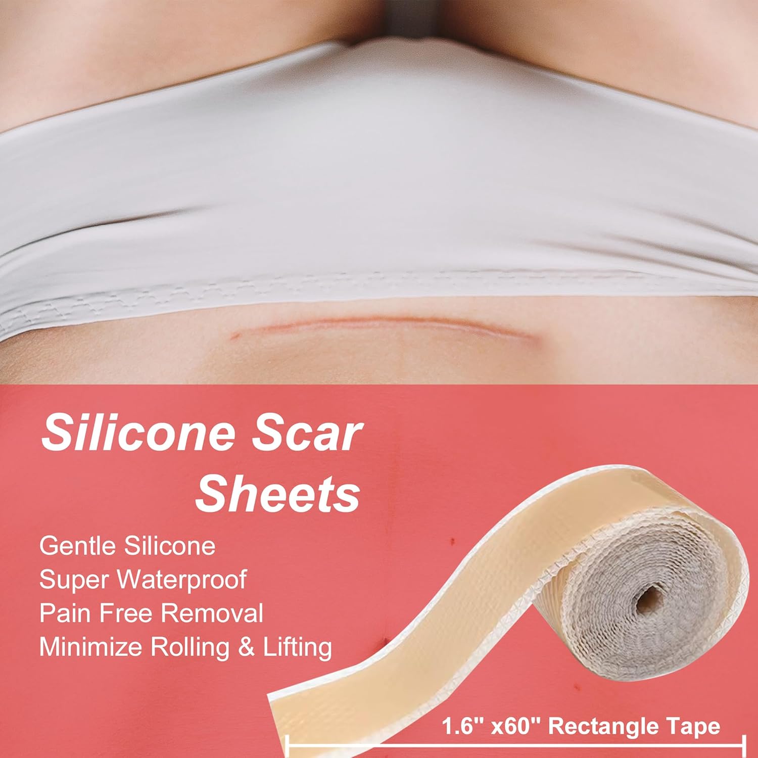 Silicone Scar Sheets 1.6”x 60”, Medical Grade Silicone Scar Tape, Reusable, Away Scar Treatment, Scar Removal Strips for Keloid, C-Section, Surgery, Burn, Acne - Image 2
