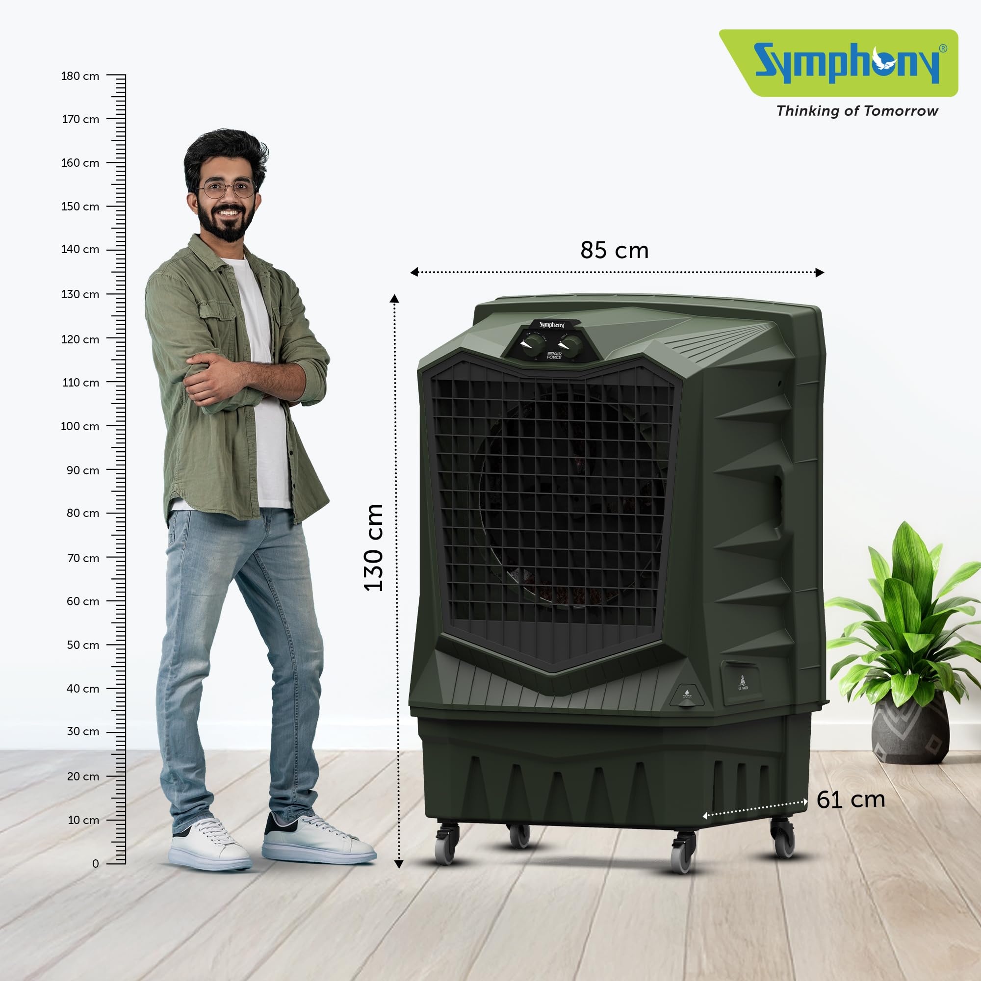 Symphony Air Force 100 Desert Air Cooler | 100L | 375W | Potente ventilador de chorro | Cuerpo resistente a la intemperie | Almohadilla de refrigeración grande de panal | Fácil llenado | Ruedas