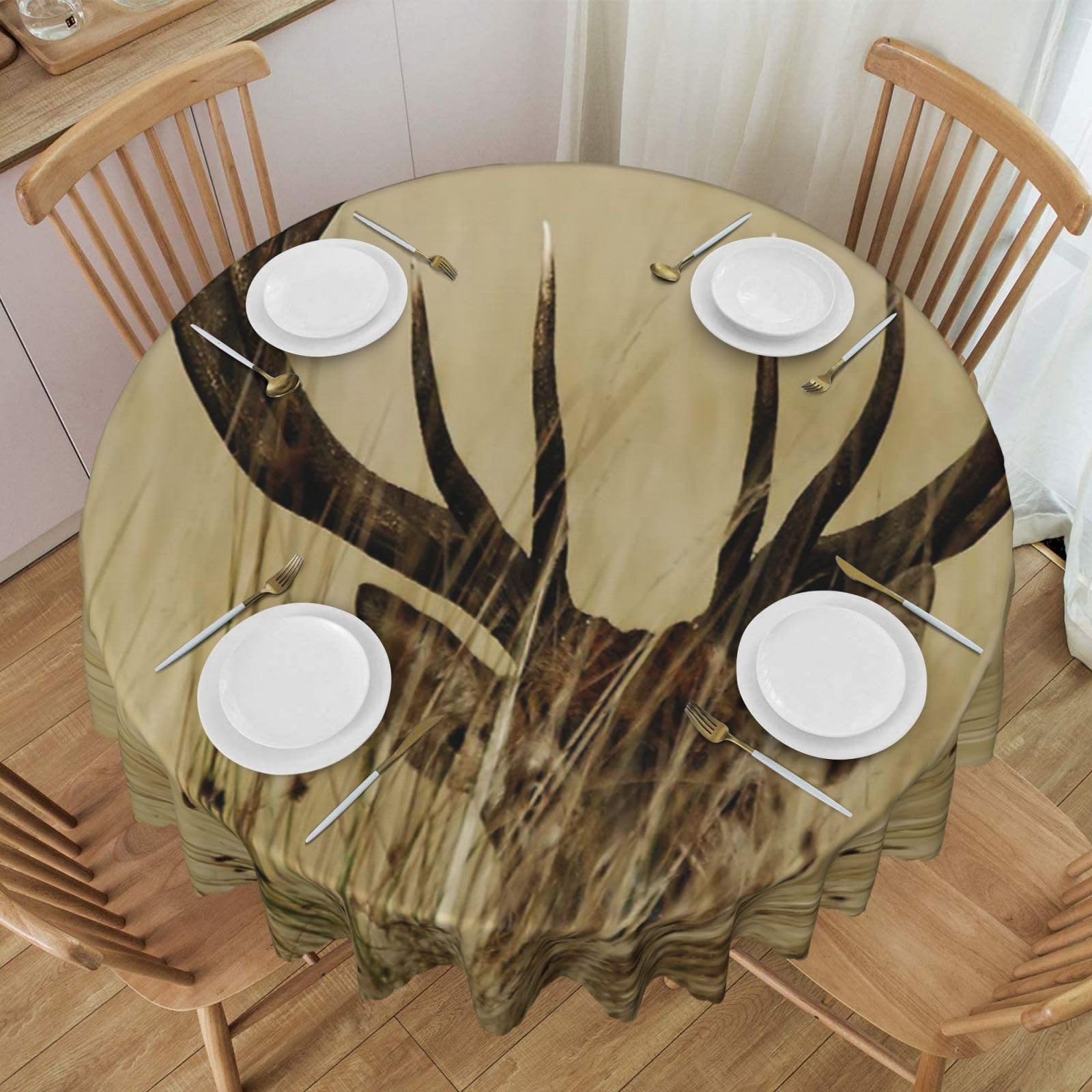 DCEHGEW 60 In Round Tablecloth with Lace, Whitetail Deer Fawn in Wilderness Stag Printed Oilproof & Washable Fabric Picnic Table Cloth Table Covers