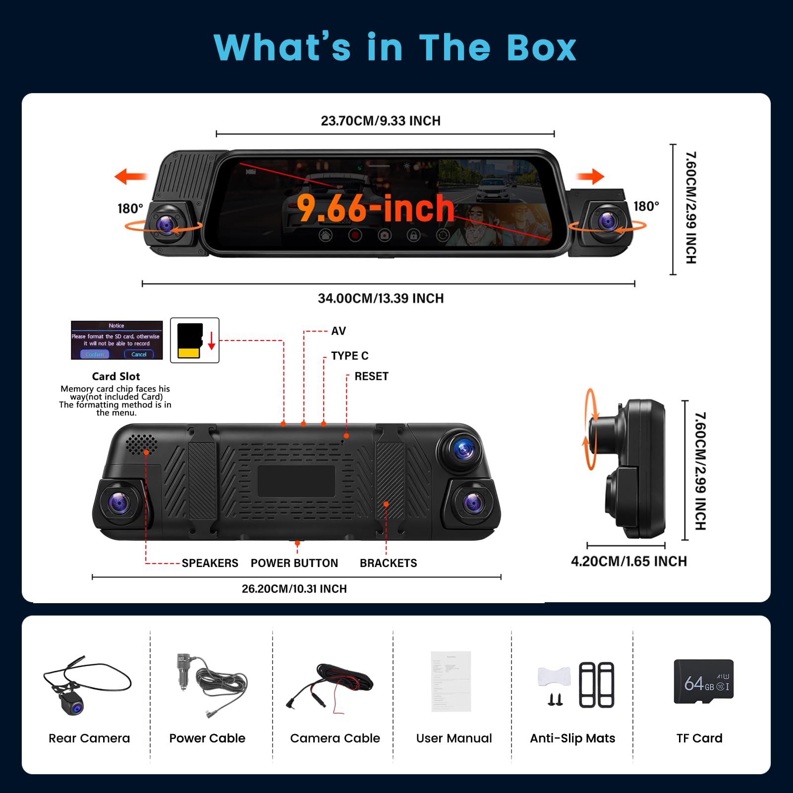 Inefala 4 Canali Telecamera Dashcam Auto Specchio Retrovisore con 9,66 Pollici Touchscreen,Dash Cam Auto con WiFi & App Sensore G Scheda SD 64G Grandangolo da 150° Visione Notturna Registrazione Loop