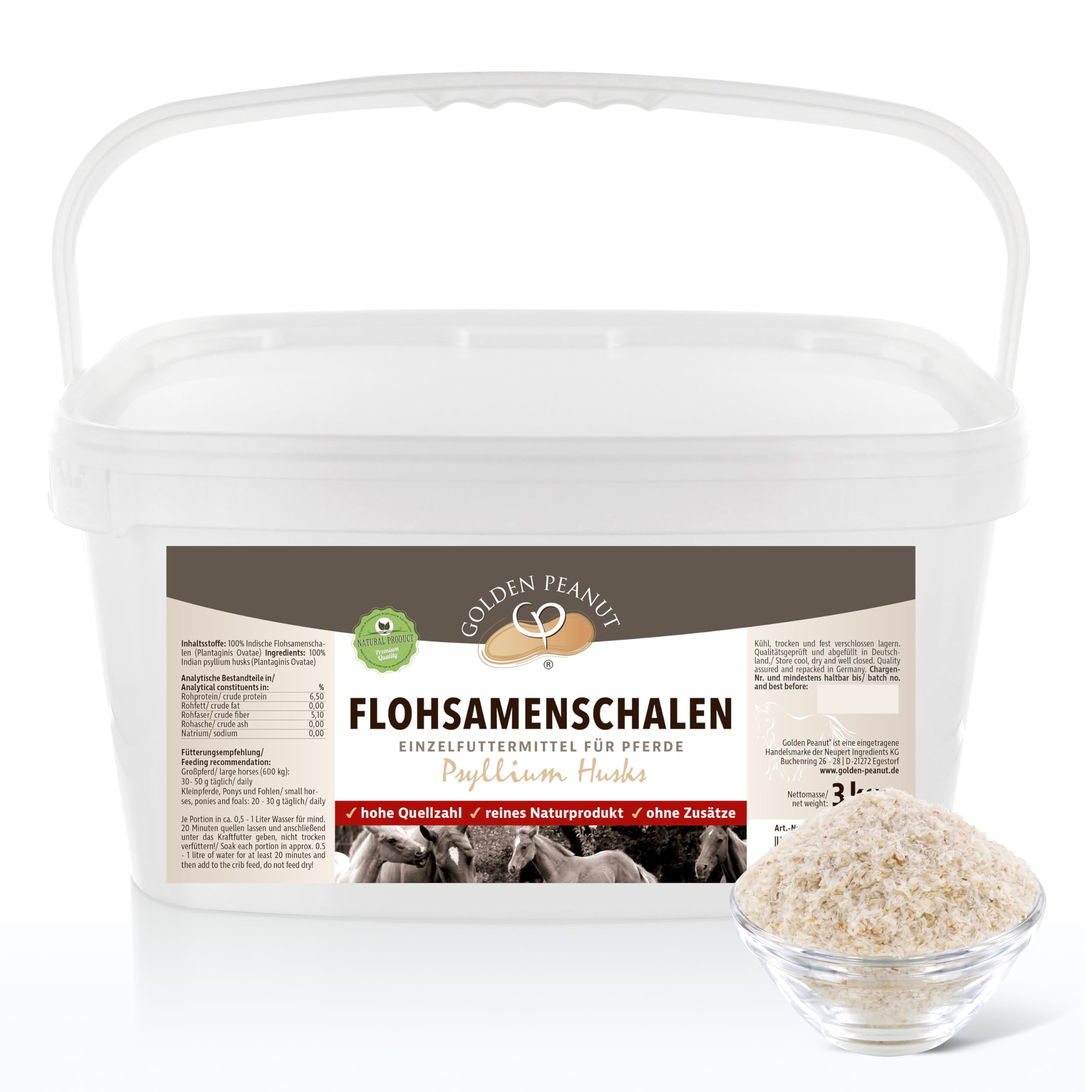 GOLDEN PEANUT Indische Flohsamenschalen 95% Reinheit - für Pferde und Ponys 3 kg, Darmsanierung, natürlich füttern