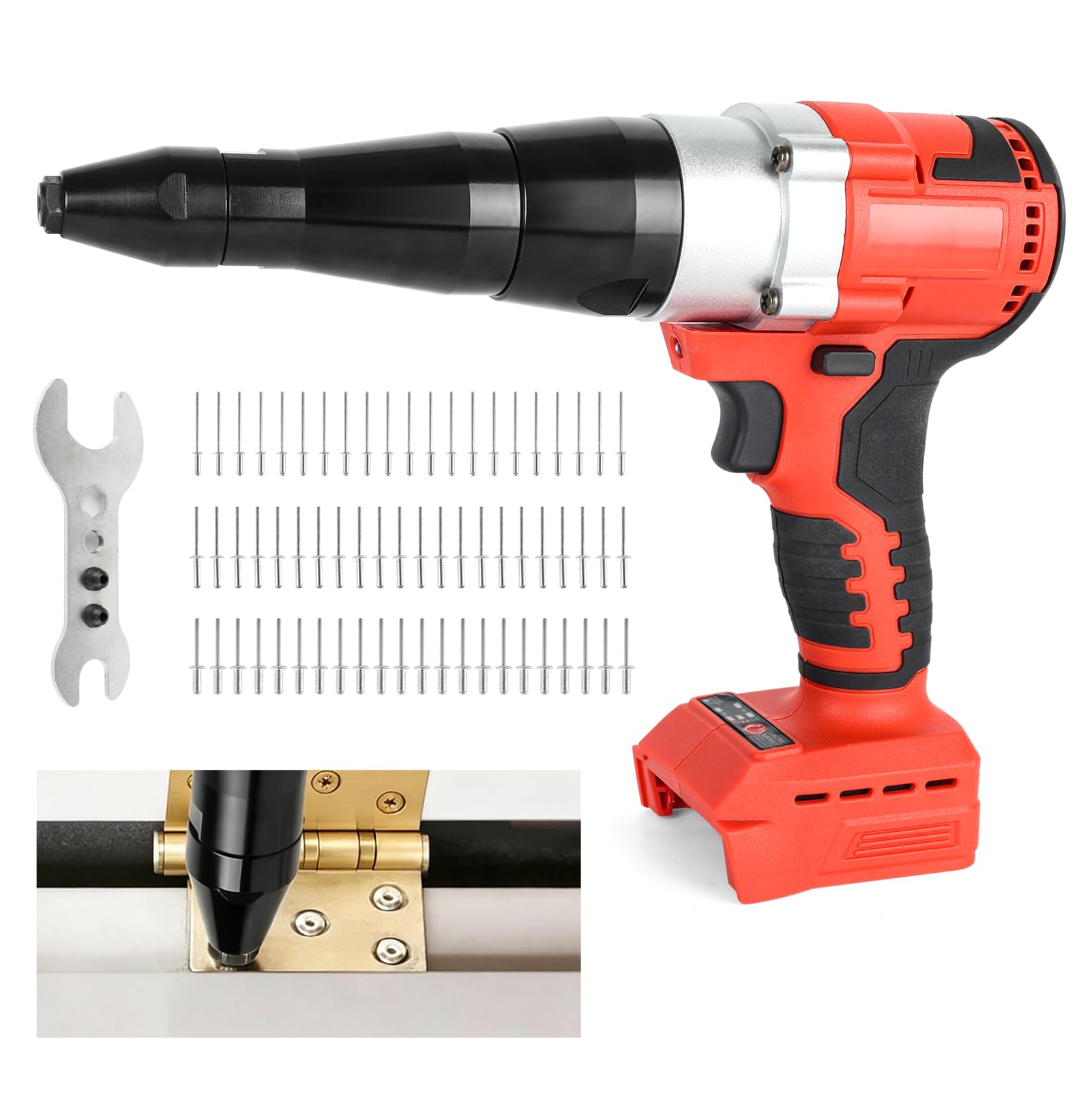 Remachadora Eléctrica, Pistola Remachadora de Tuercas, Compatible con Milwaukee, Pistola de Remache Eléctrica, con Boquillas de 3,2 mm & 4 mm, 60 Remaches, para Metal, Plástico, Cuero (Sin Batería)