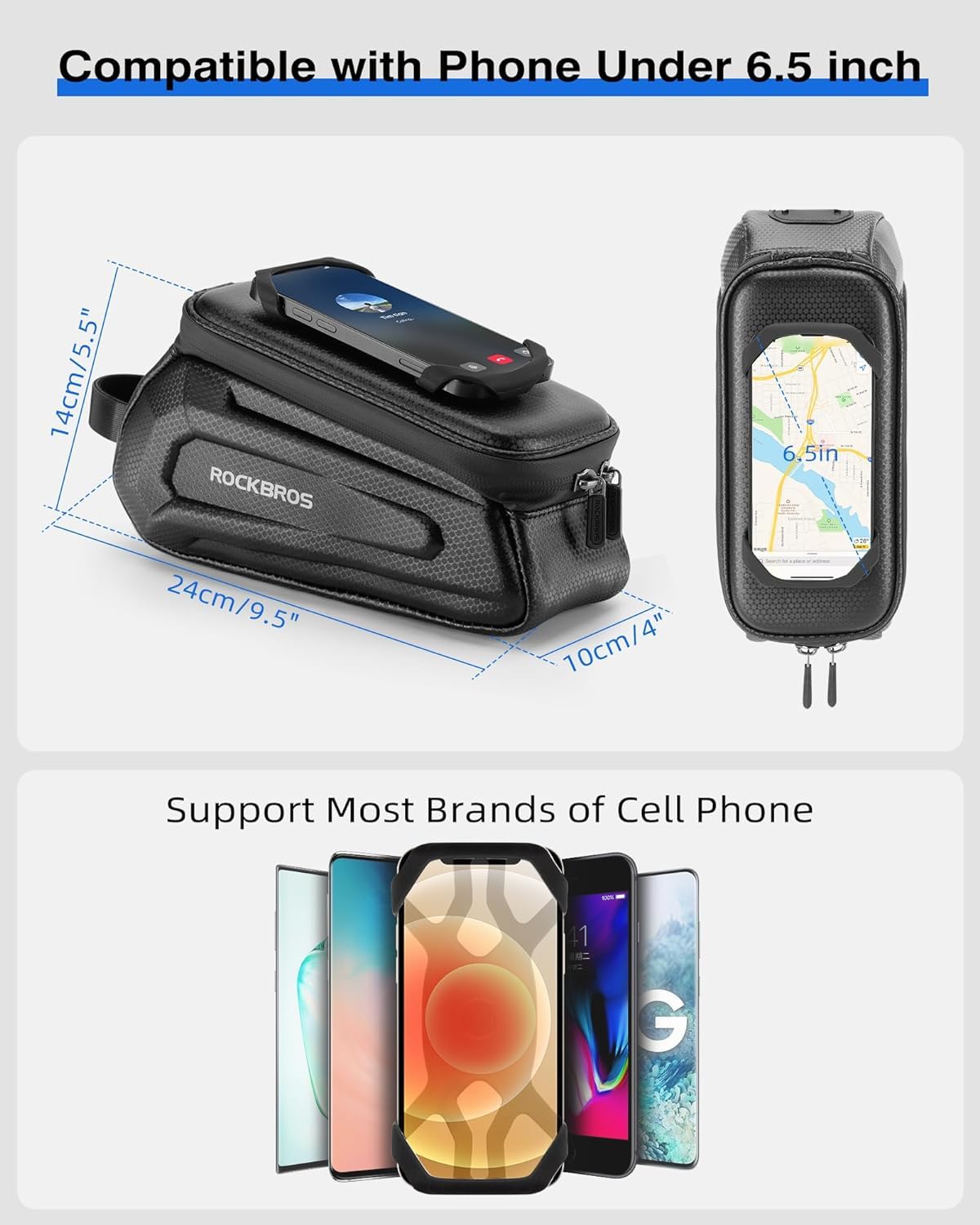 ROCKBROS Borsa da testa per telaio della bicicletta, supporto per telefono cellulare per mountain bike e bici da strada, compatibile con telefoni sotto i 6,5 pollici, capacità 1,5 l