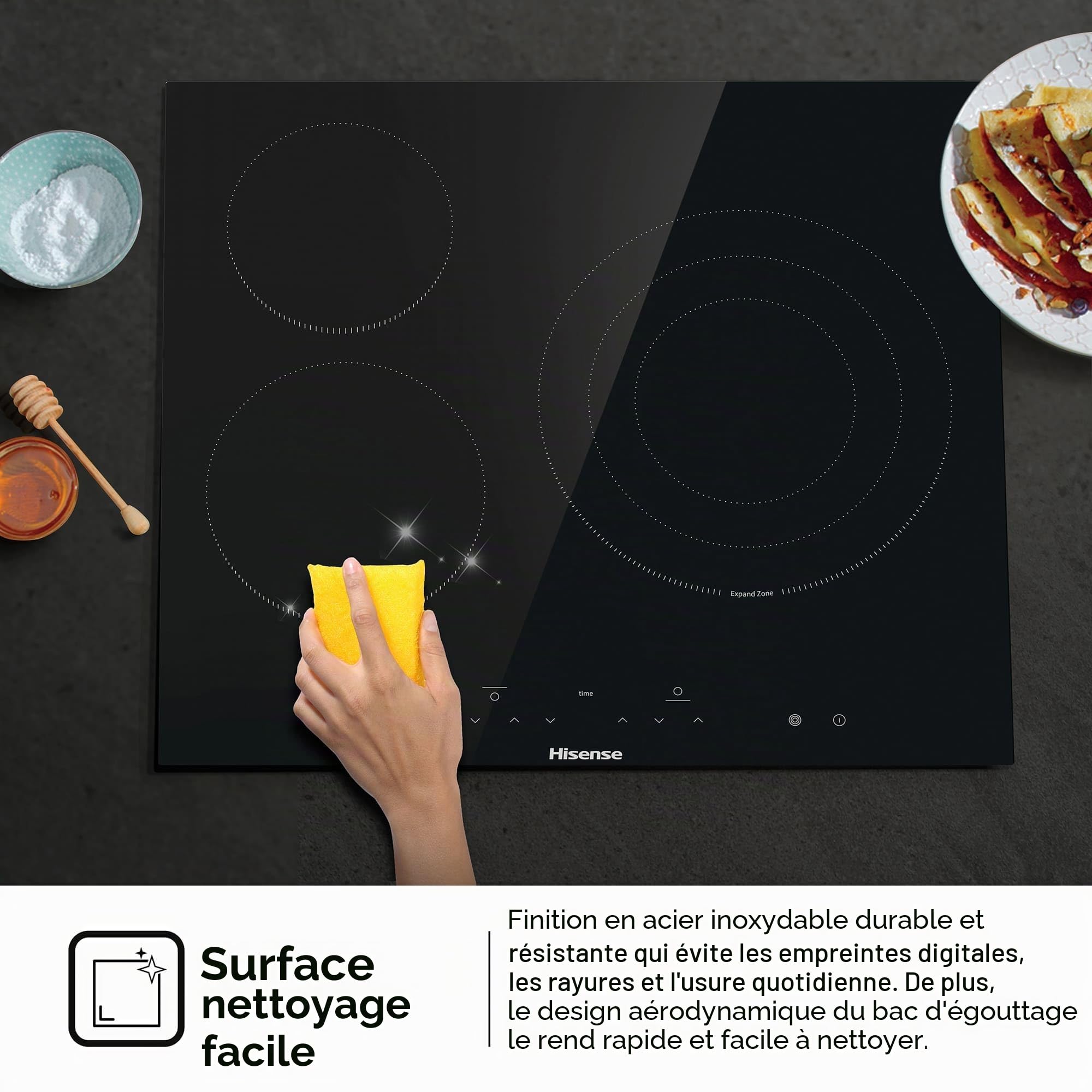 Hisense E6332BSCE Plaque vitrocéramique 3 zones, grande surface 30 cm, largeur 60 cm, contrôle tactile, verrouillage enfant, minuterie intégrée, résistante aux rayures, nettoyage facile, bords