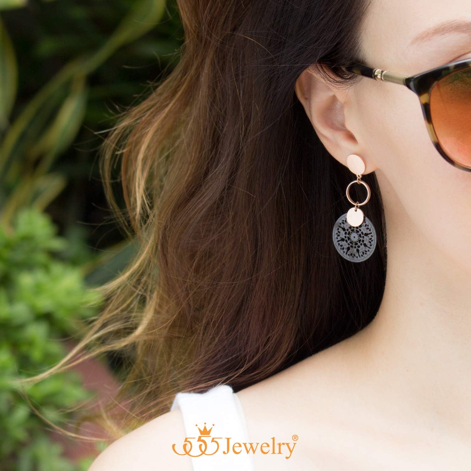 555Jewelry Stainless Steel Circle Drop Dangle Filigree Earrings for Women - Image 2