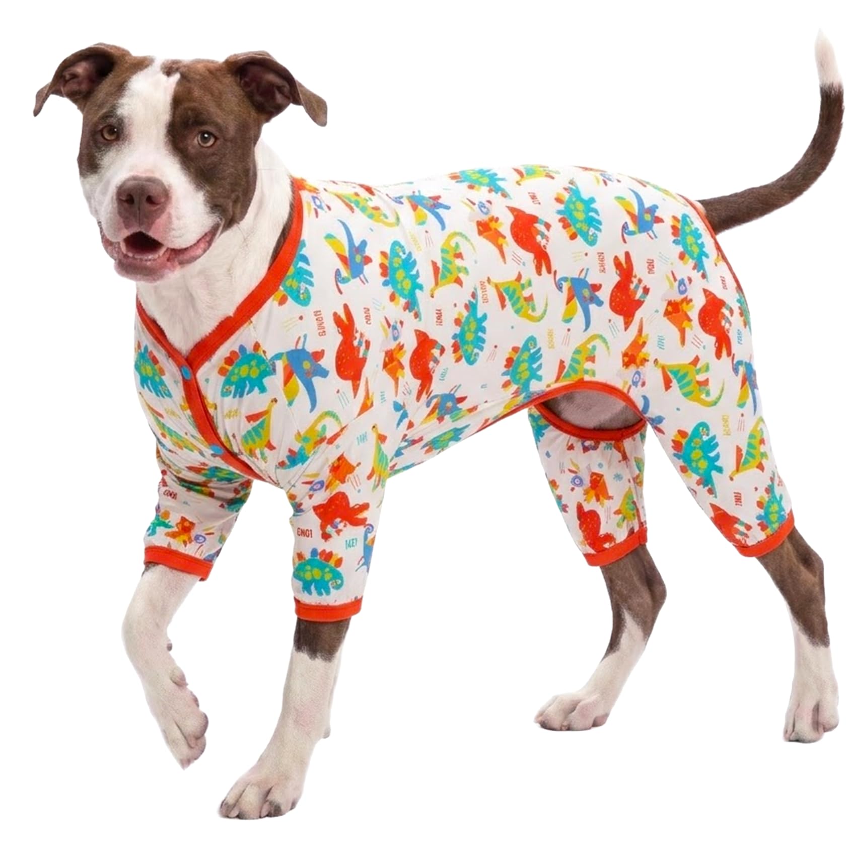 LovinPet Large Dog Pajamas, Undershirt for Dog Coats, Anti Licking, Pitbull Clothes, Pet Anxiety Calming Onesies for Dogs, White Dinos Print, Pet