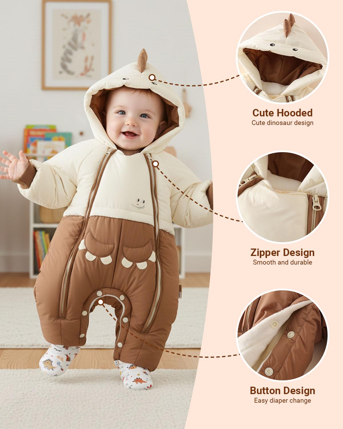 Acolchado Mono Bebe Invierno, Cute Dino Buzo Bebe Invierno Ropa Bebe Niño Biña, Double Zipper Mameluco Bebe Invierno, 3-24 Meses
