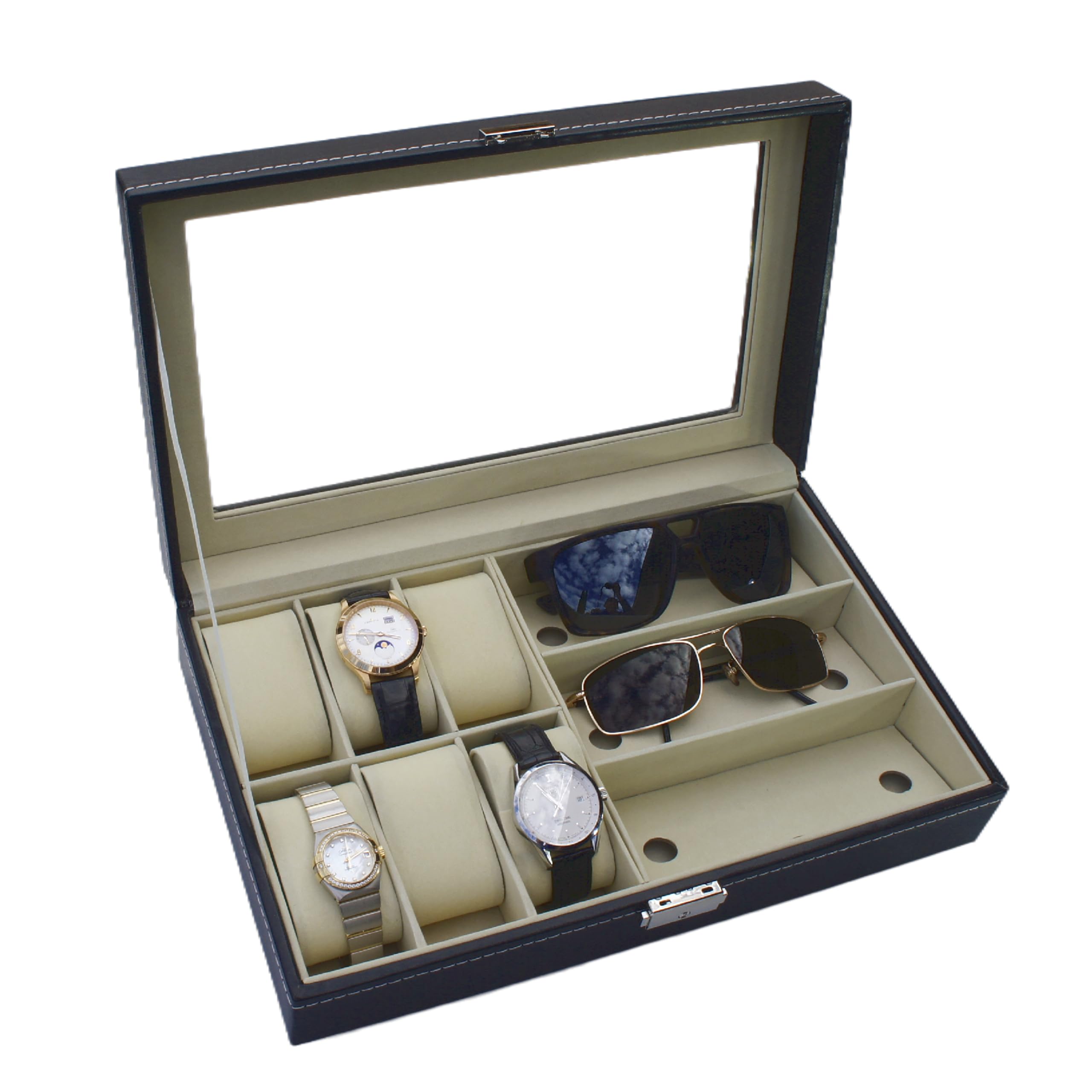 CircleCrystal Leather Watch & Sunglass Organizer Box, 6 Slot Watch Display Case & 3 Compartment Eyeglass Case, Elegant Champagne Velvet Interior,