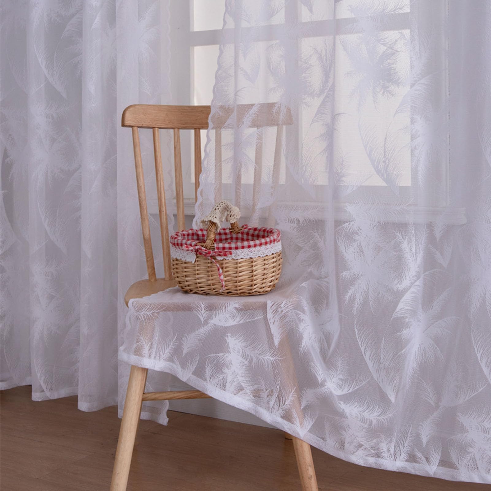 CERTNKI 2 Panels White Sheer Curtains for Living Room, Jacquard Leaf Pattern Textured Curtains Light Filtering Window Semi Sheer Voile Drapes for Bedroom,H140xB120cm
