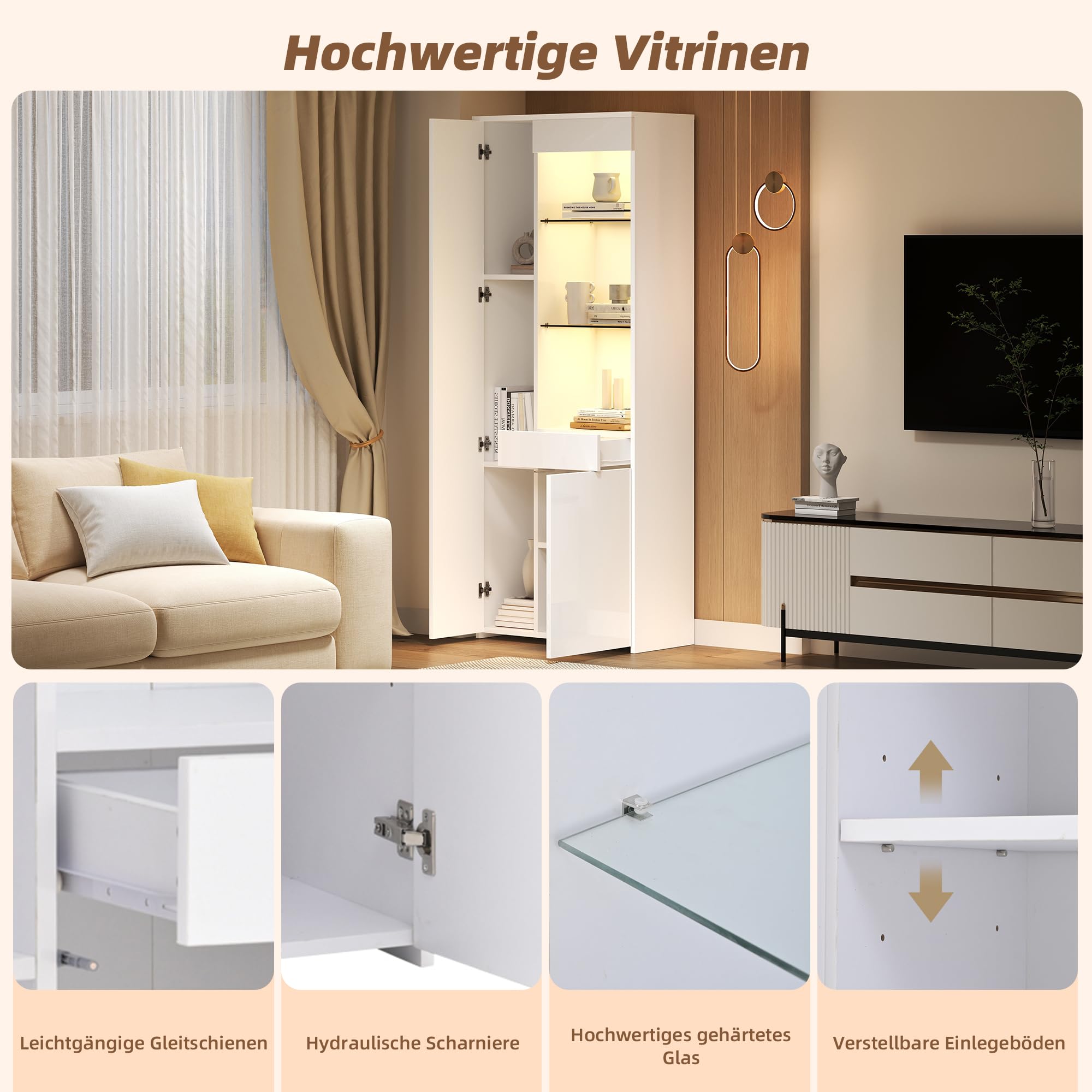 Wiuzo Vetrina con cassetti, 70 x 35 x 180 cm, lucida, vetrina in vetro con illuminazione a LED, mobile alto, con armadio, vetrina, portata consigliata: 45 kg