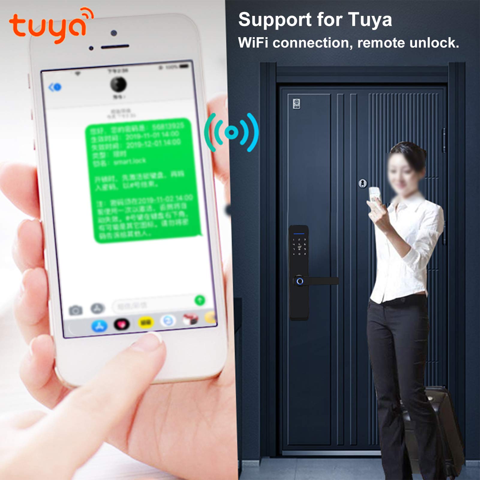 Cerradura de puerta inteligente Tarjeta de huella digital Llaves de contraseña Desbloqueo Seguridad impermeable Cerradura antirrobo Manija electrónica Wifi con panel táctil retroiluminado para Tuya