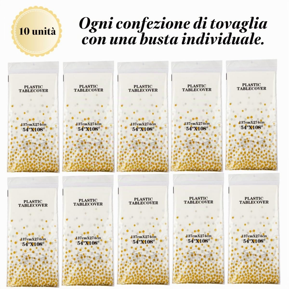 CEILIWEN Confezione da 10 tovaglie bianche e dorate per feste, usa e getta, decorazione per la tavola per feste, 274 x 137 cm (oro bianco-10 confezioni)