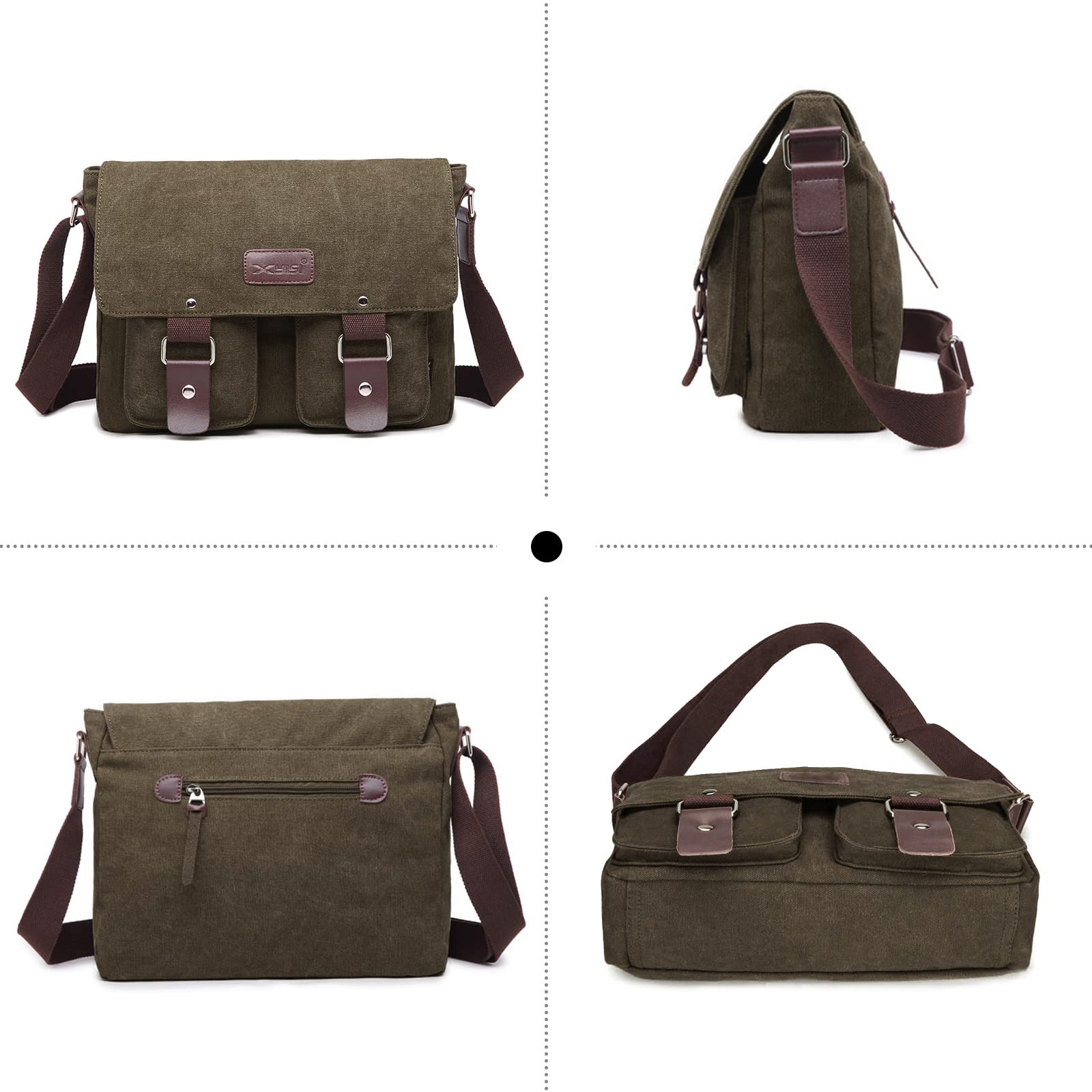 Bolsa de Mensajero Hombres Lona Bolso de Bandolera Casual Bolsa de Hombro para Ordenador Portátil Escolar Bolso de Lona Verde