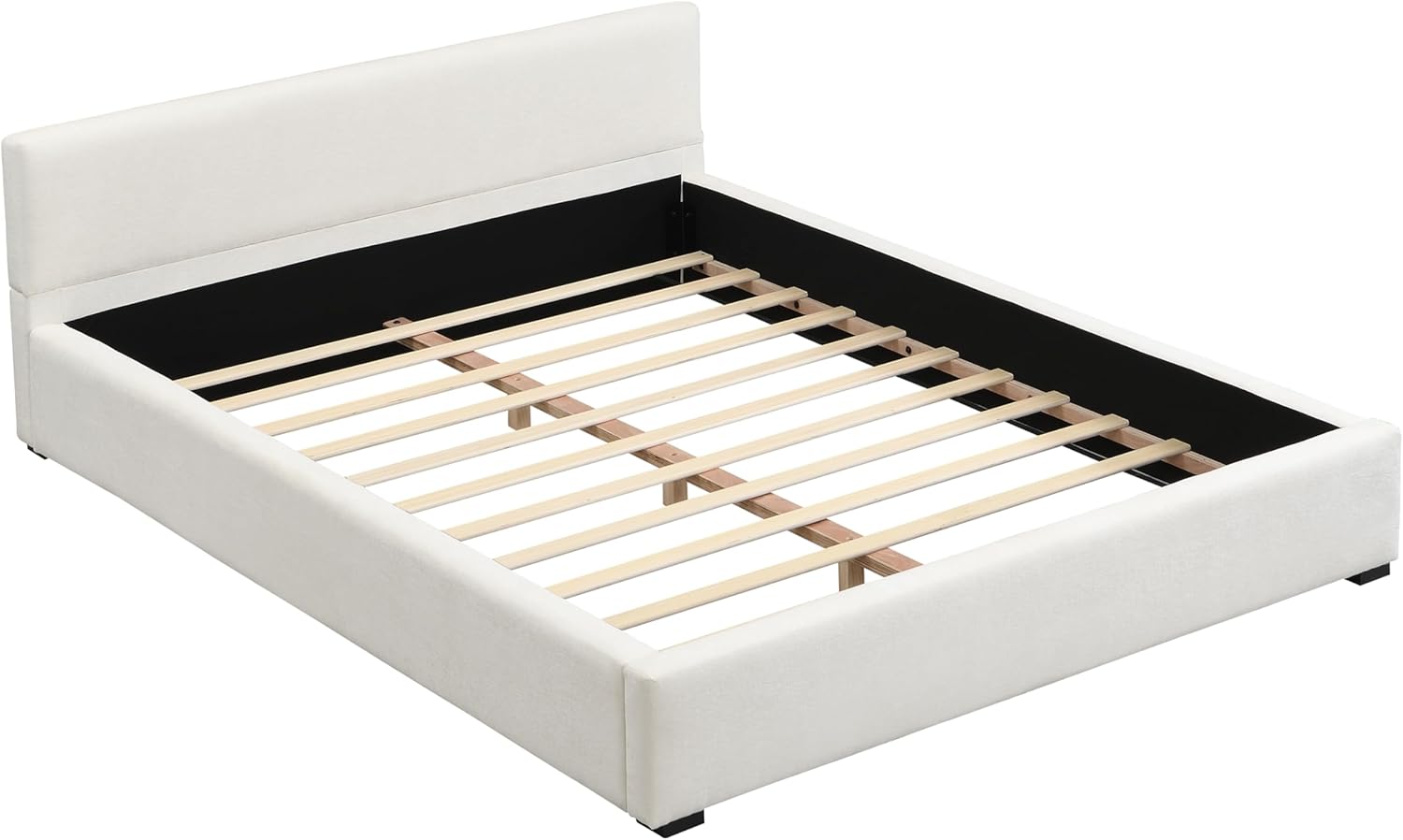 Queen Size Bed, Rectangular Queen Size Headboard, Boucle Headboard and Footboard, Slat Panel Support Platform Bed, No Spring Box Needed, Easy Assembly (Beige Style2)
