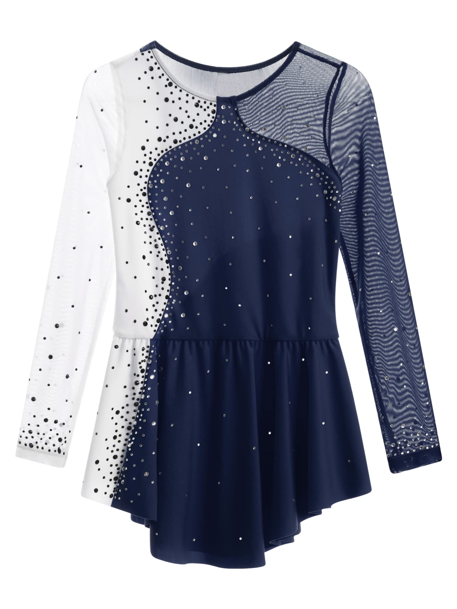 CHICTRY Kürkleider Eiskunstlauf Kinder Mädchen Strass Glitzer Rollschuhkleid Langarm Tanzbody Farbblock Patchwork Trikot Mit Wickelrock Dancewear