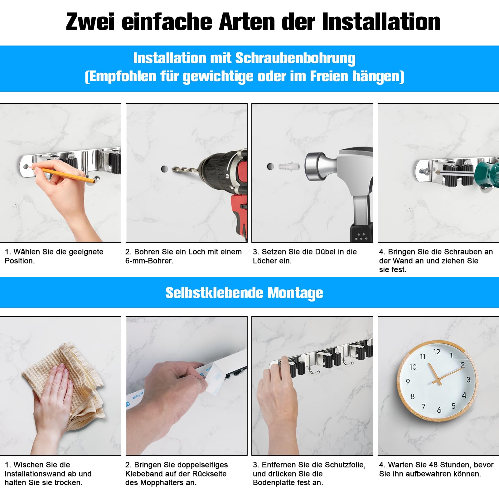 Porta Scope In Acciaio Inox, Appendi Scope con Ganci per Cucina, Bagno, Garage
