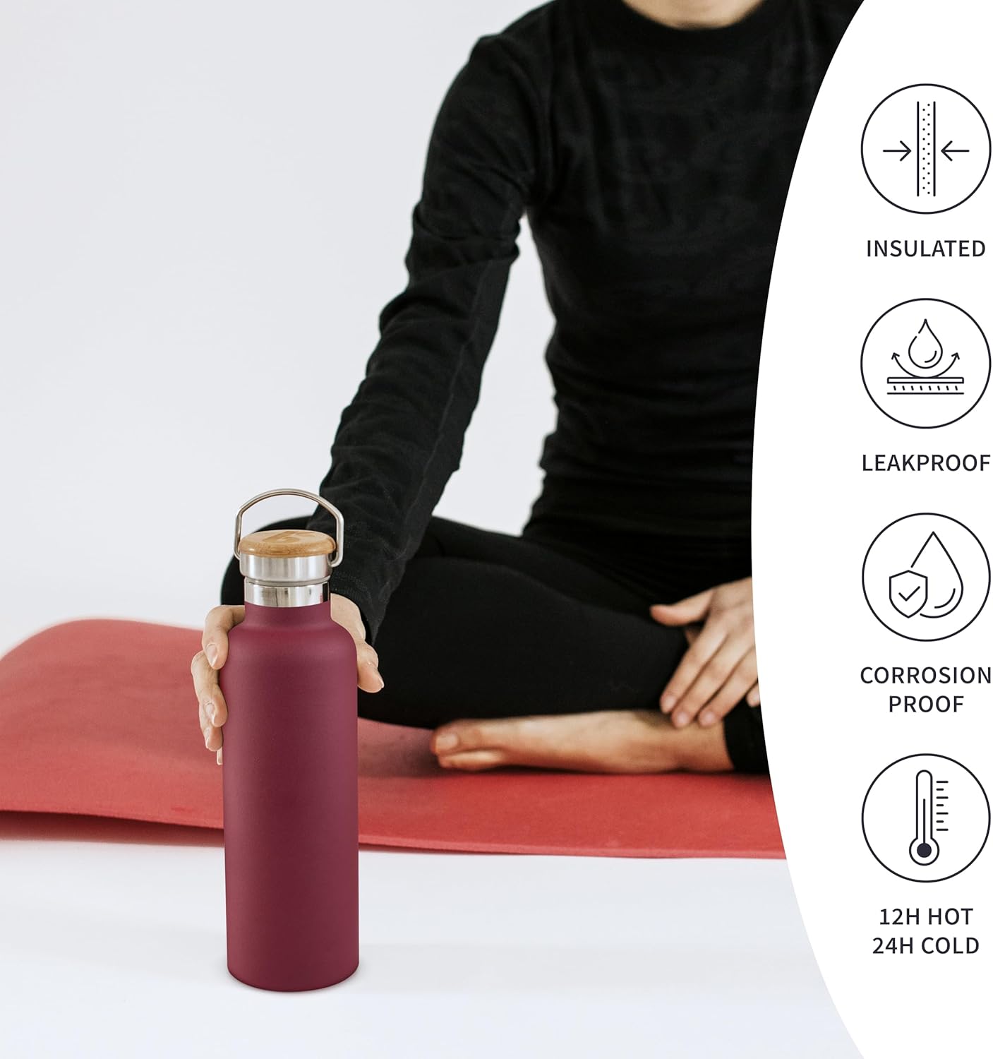 Bambaw 24 oz Insulated Stainless Steel Water Bottle, Red Berry - BPA Free, No Straw - Image 3