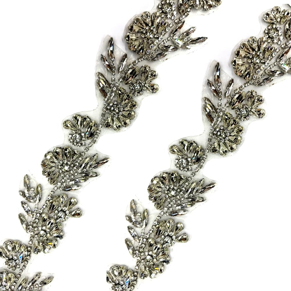 Iron on hotfix Hand-Made Beaded Trim,2 inch Wide 36 inch Lengh Rhinestones Chain,Rhinestone Trim by The Yard for Bridal Belt Hair wear Bag Shose Decoration Accessories (Silver-C)