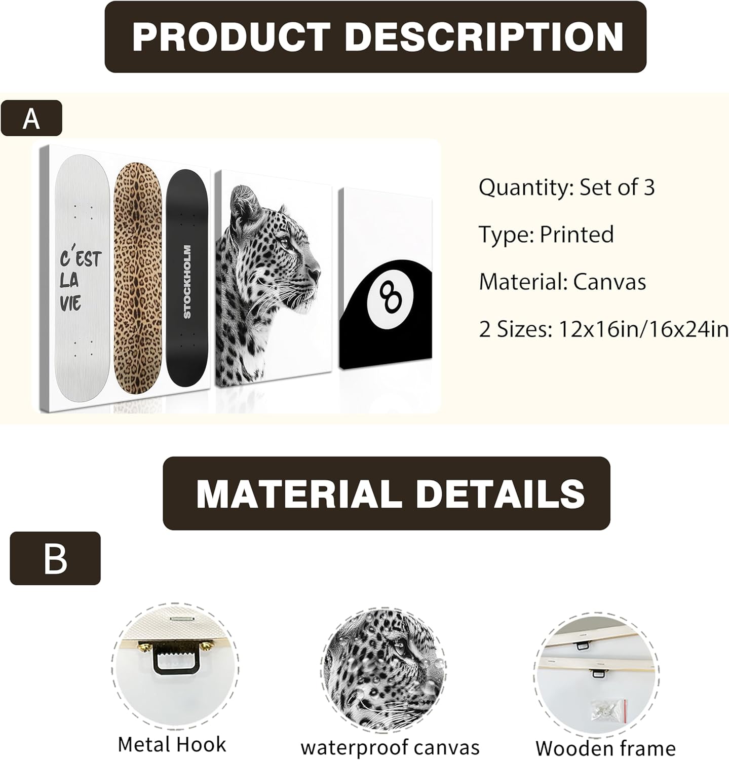 Stockholm Style Room Decor, Trendy Leopard Canvas Wall Art Set of 3, Funky Preppy Cheetah Wall Decor, Fashion Posters Prints Pictures for Living Room Bedroom Dorm 12x16 Inch Framed