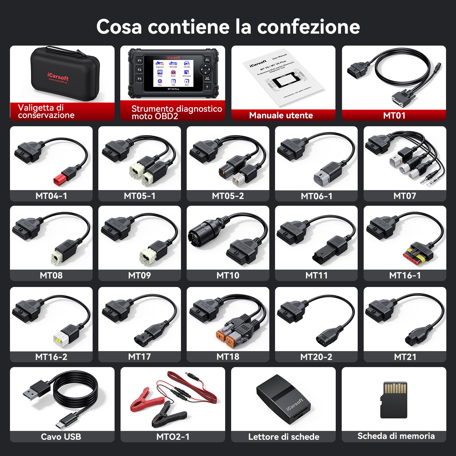 iCarsoft MT V6 Plus Strumento Diagnostico per Moto, Diagnosi Moto Universal, Lettore di Codice Tutti i Sistemi, Servizi Completi, Scansione Automatica, Diagnostica OBD per Auto e Motocicletta