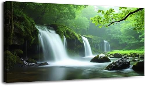 30"x 60" Canvas Wall Art Waterfall Nature Green Forest Vintage Mountain Scenery Framed Pictures Painting Prints Large Wall Art for Living Room