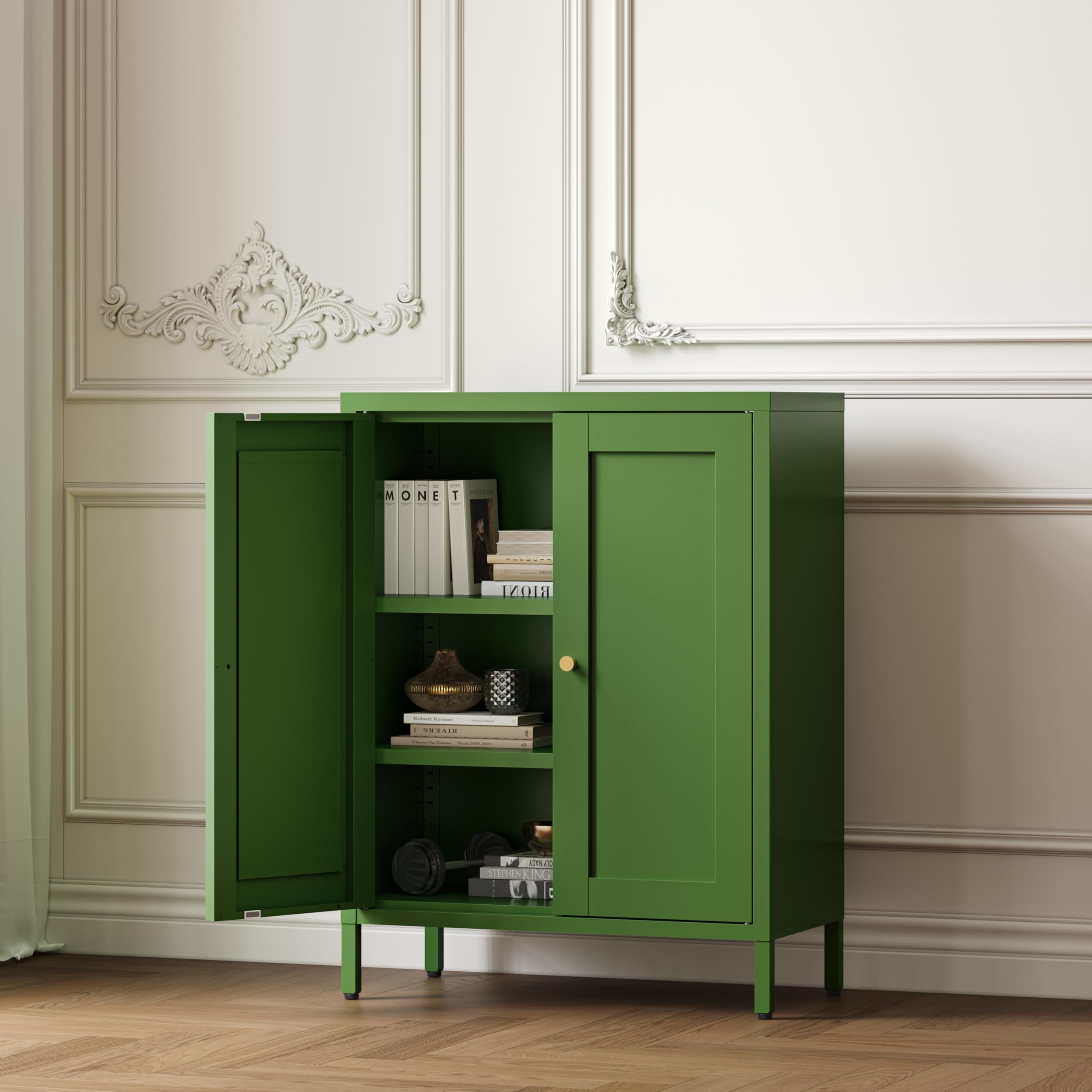 Small Metal Storage Cabinet, 23.6" Wide Bathroom Cabinet with 2 Adjustable Shelves, 3-Tier Shaker Sideboard Storage Unit for Entryway Living Room Kitchen,Forest Green