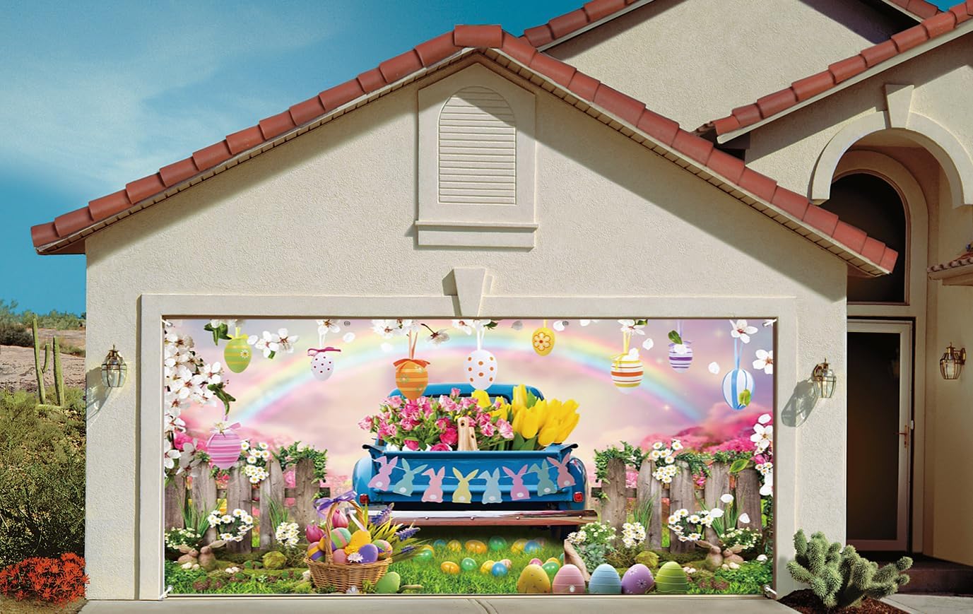 7x16ft Spring Easter Garage Door Decor White Cherry Blossom Rural Green Fence Garden Lawn Colorful Eggs Rainbow Floral Garage Door Background Baby Shower Birthday Newborn Party Decor