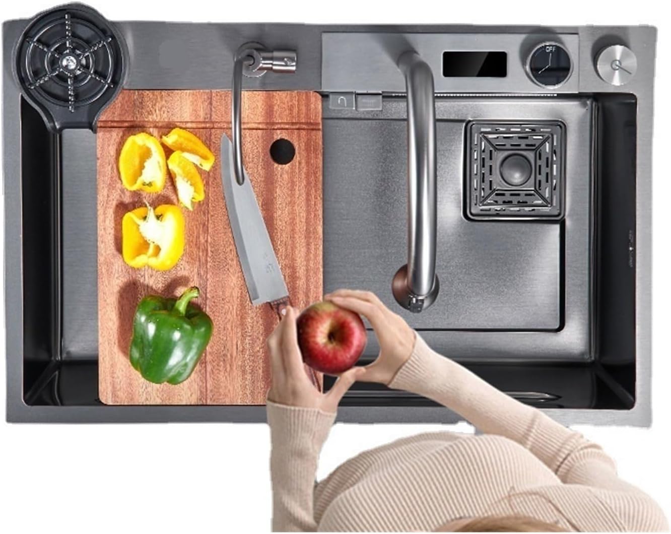 Waterfall Kitchen Sink Digital Display Vegetable Washing Basin Large Single Slot Stainless Steel Dishwashing Pool Set(7546-SX-2)