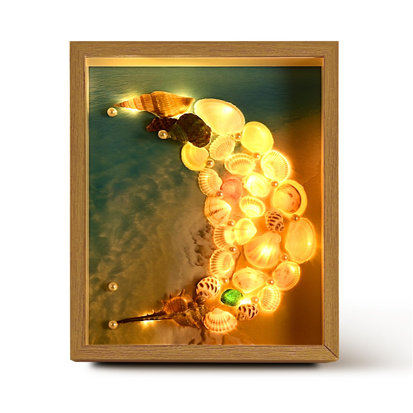 Photo 1 of 8x10 Shadow Box Frame Display Case with Sea Shells, Seashells Painting Picture Frames with 30 LED String Lights, Creative Moon or Heart Shapes Frame for Home Living Room Wall and Tabletop (Wood, 8x10)